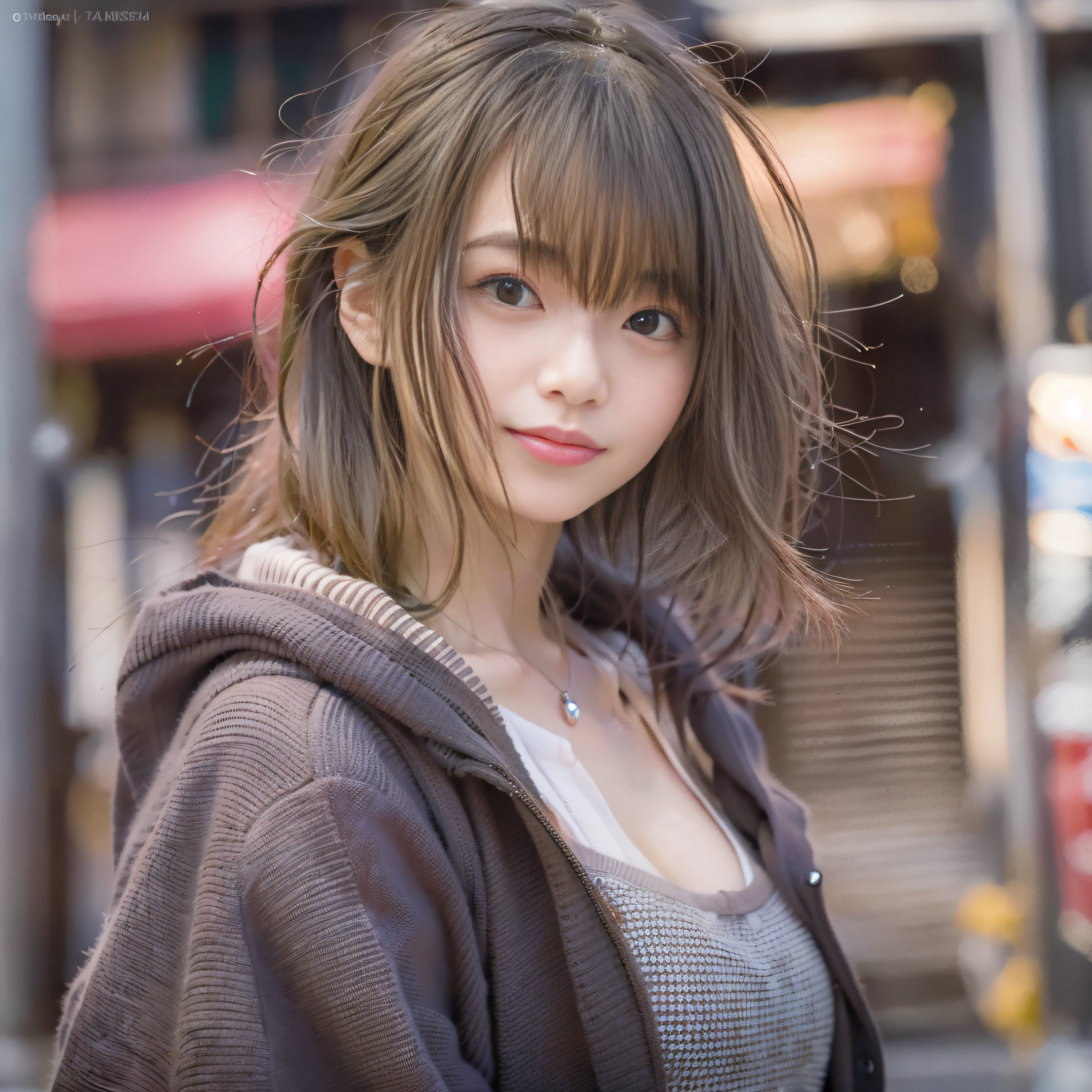 女の子1人、on tokyo street、A city scape、The upper part of the body、a closeup、A smile、、(8K、Raw photography、top-quality、​masterpiece:1.2)、(realisitic、photoRealstic:1.37)、Highly detailed eyelash drawing、(((Top image quality))),Colossal tits、Fine skin, (Beautiful hair), (Perfect Anatomy), (Realistic), (Dynamic Angle), Pose Seductive,Perfect,Sensual look、top-quality、hight resolution、