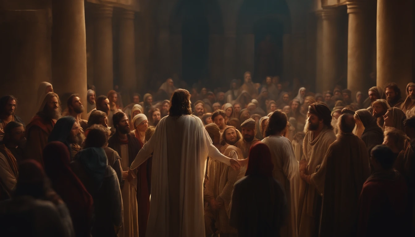Jesus telling parables in a crowd, Realistic, 8k, cinemactic