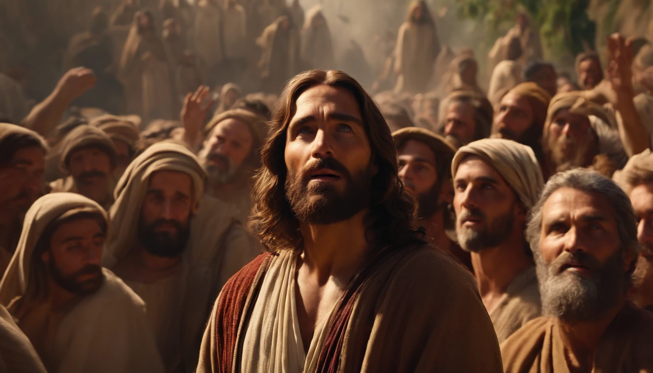 Jesus telling parables in a crowd, Realistic, 8k, cinemactic
