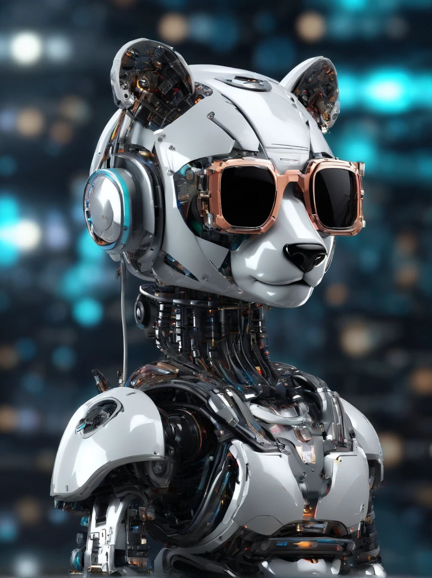 A panda robot,Wearing sunglasses, with headphones on, Standing position, Abstract beauty, Dynamic, Highly detailed digital painting, concept-art, 8K, high definition resolution