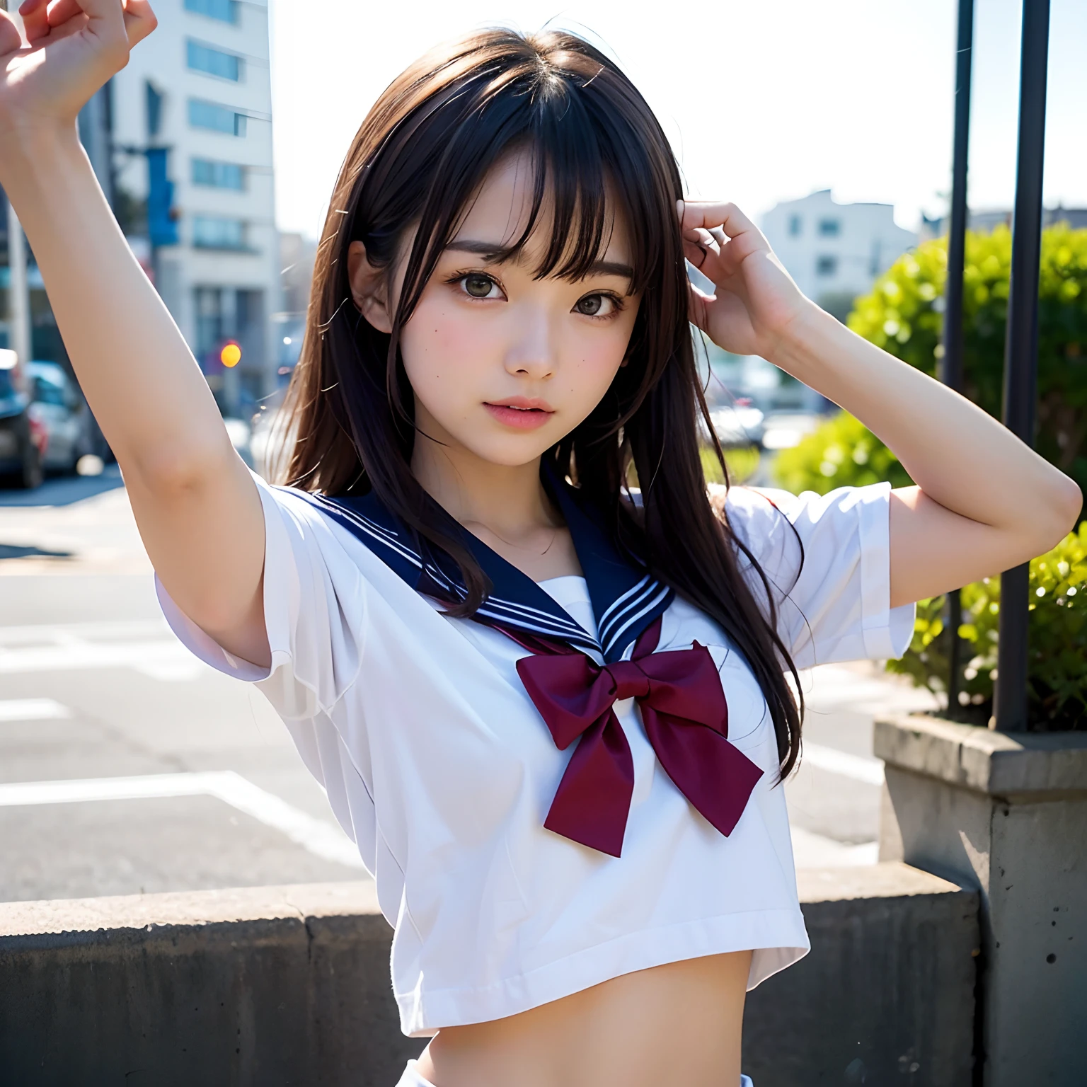 (masutepiece, Best Quality:1.2), 8K, Official art, Raw photo, unbelievable Ridiculous, (Upper body, Sailor Uniform, serafuku:1.4), Beautiful Girl, Pretty Face, arching back down, Navy pleated skirt, reaching out her hands、Cute navel、skirt by the、Gold hair ornament on hair、close up, School uniform, Short sleeve, gardenia, violaceaess, Teen, Street, Looking at Viewer, Film grain, chromatic abberation, Sharp Focus, face lights, Dynamic lighting, Cinematic lighting, Eyes and faces with detailed, Bokeh background, (1 dark red bow tie:1.2)
