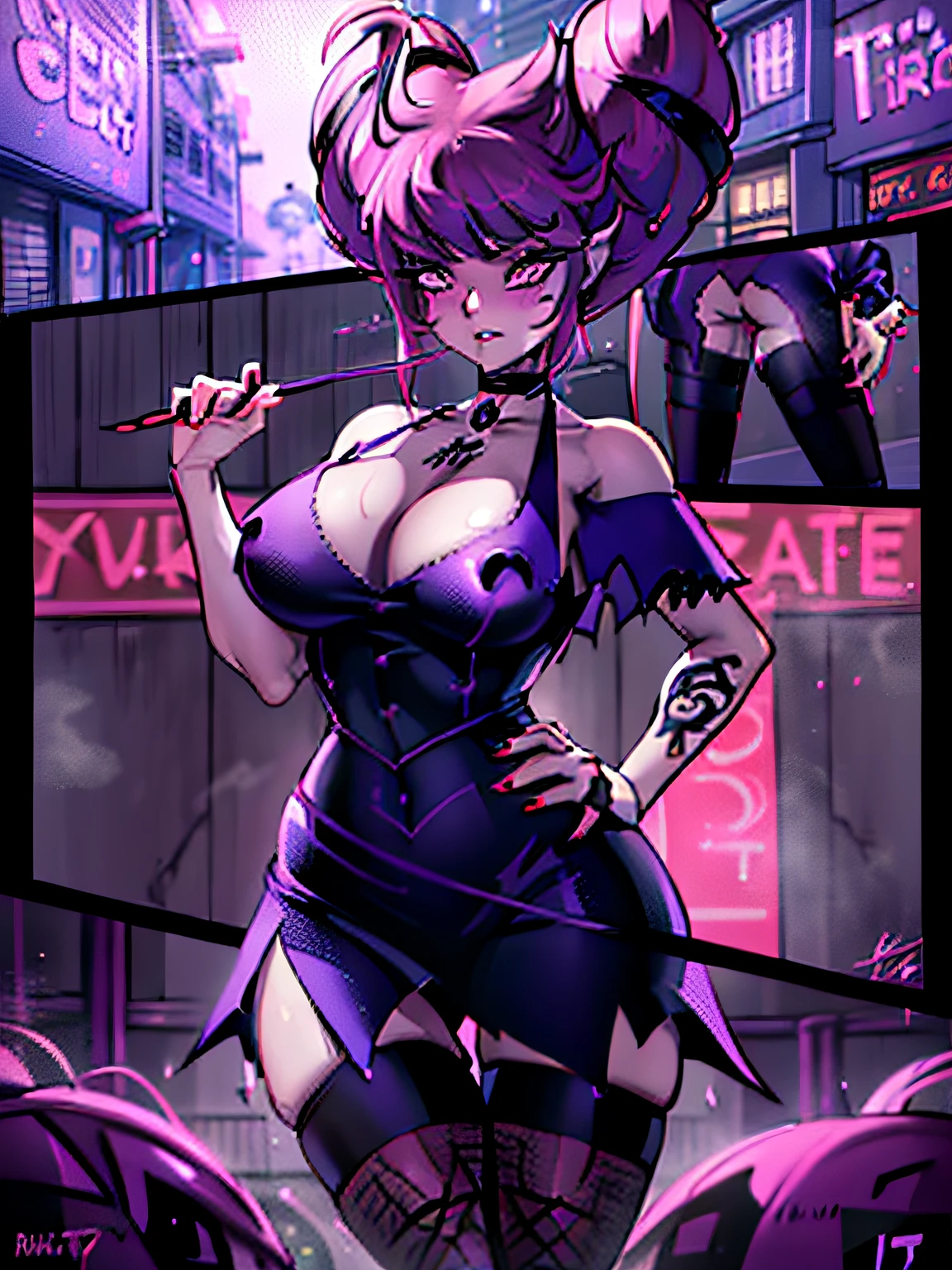 inxTT, purple capelet, choker, black dress, striped thighhighs, enormous breasts, pubic hair, red light district, city, night time, pubic hair, graffiti on her skin, alleyway, outdoors, lewd, red light district, slutty, tattoos, lewd tattoos, suggestive pose, heavy makeup, fishnet stockings