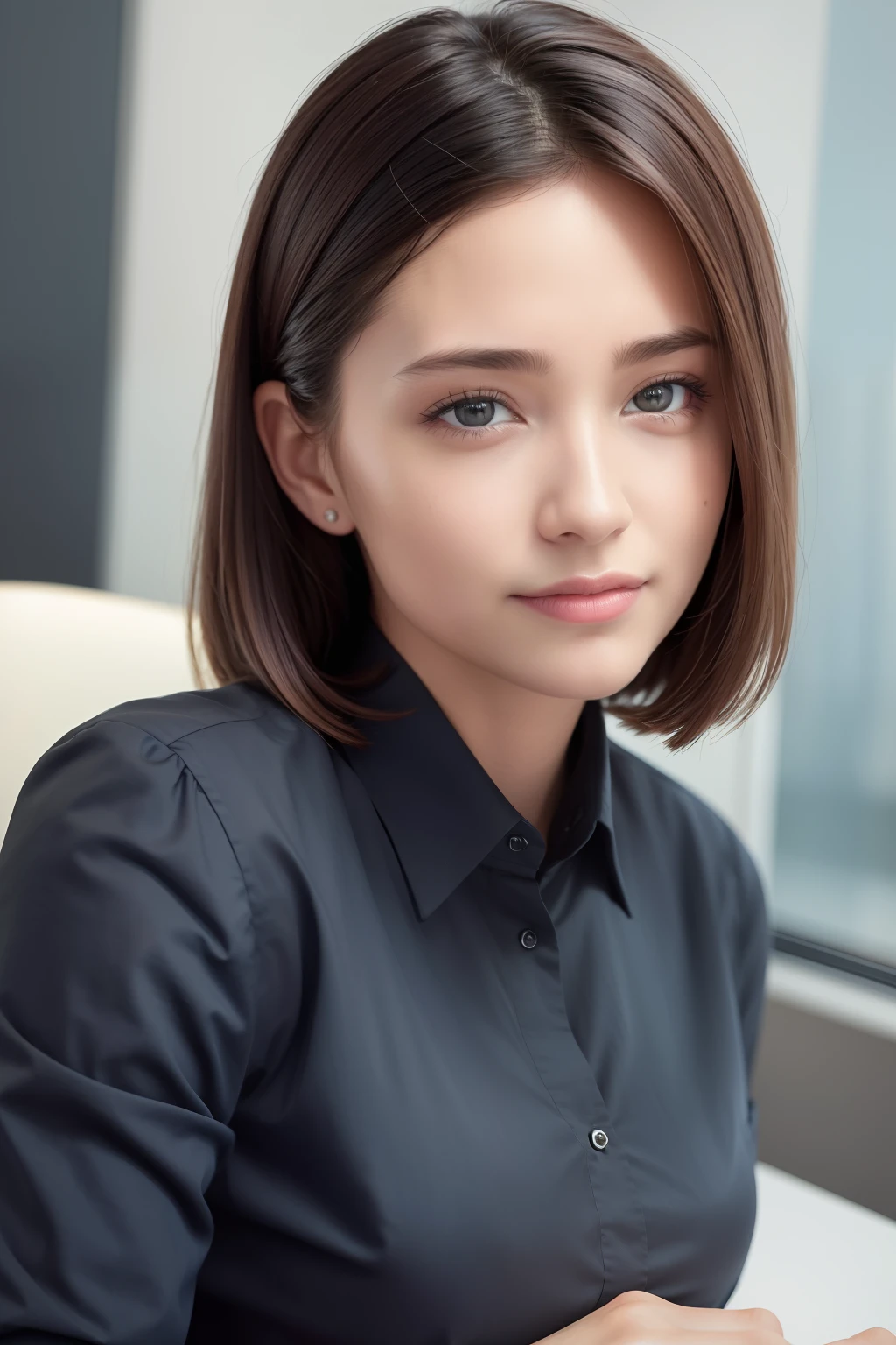 (8k, best quality, masterpiece:1.2), (realistic, photo-realistic:1.37), ultra-detailed, 1 girl,cute, solo,beautiful detailed sky,detailed office,night,sitting,(nose blush),(smile:1.15),(closed mouth) , medium breasts,beautiful detailed eyes,(collared shirt:1.1), night, wet,business attire, rain, (short hair:1.2), pureerosface_v1, computer, detail finger, beautiful detailed face,