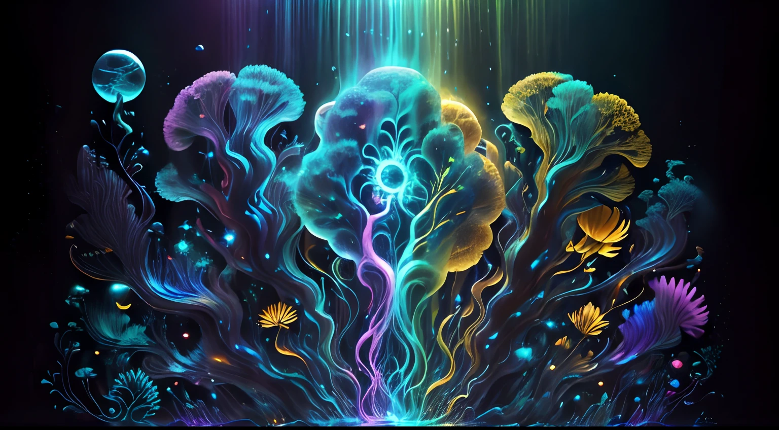 Arte en movimiento,medusas bioluminiscentes flotando en la profundidad del oceano, llevadas por la corriente. Colores fluidos, translucidos , fosforescentes, de colores brillantes, colores radiantes, psicodelicos,iluminan el entorno oscuro con su fosforescencia, sensacion de movimientos fluidos , arremolinados, movimiento de los tentaculos de acuerdo al arte de los fluidos en movimiento,obra maestra, Beautiful psychedelic entropy
