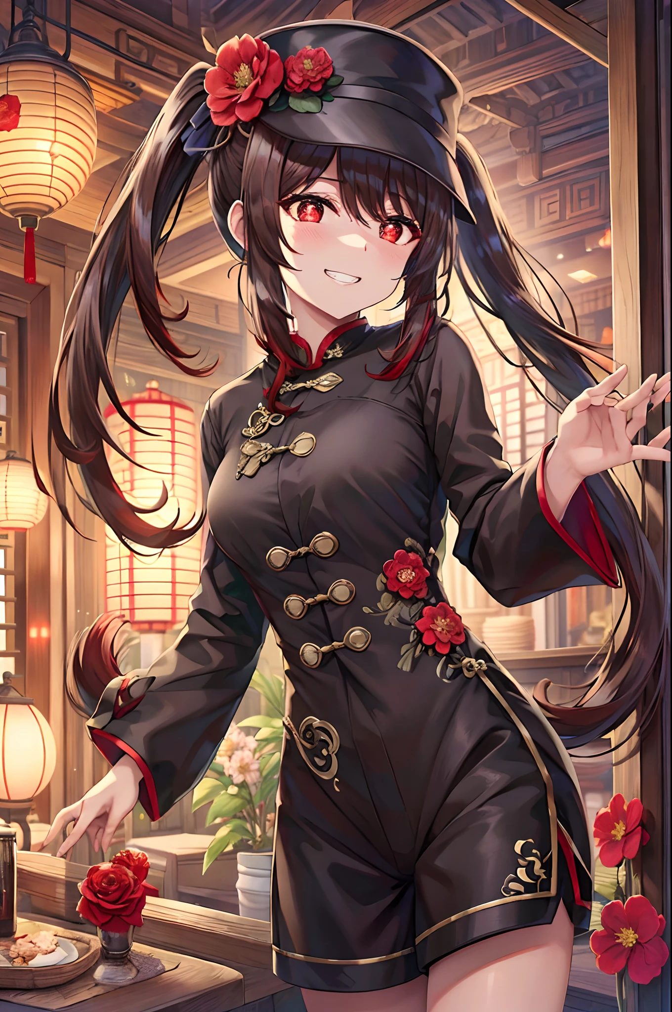 (HuTao/(GenshinImpact/)), red eyes, flower-shaped pupils, hat, long brown hair, bangs, twintails, chinese clothes, black shorts, wide sleeves, grin,