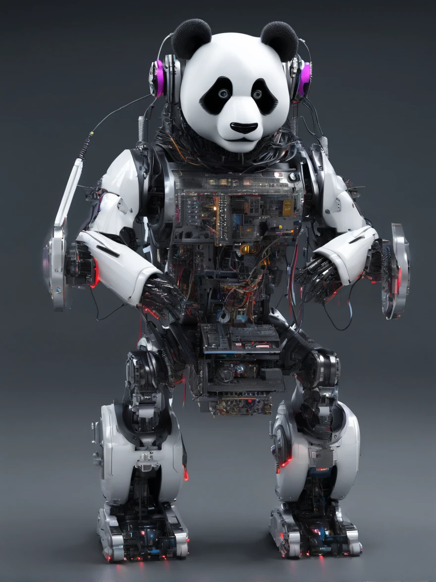 A panda robot,Wearing sunglasses, with headphones on, Standing position, Abstract beauty, Dynamic, Highly detailed digital painting, concept-art, 8K, high definition resolution