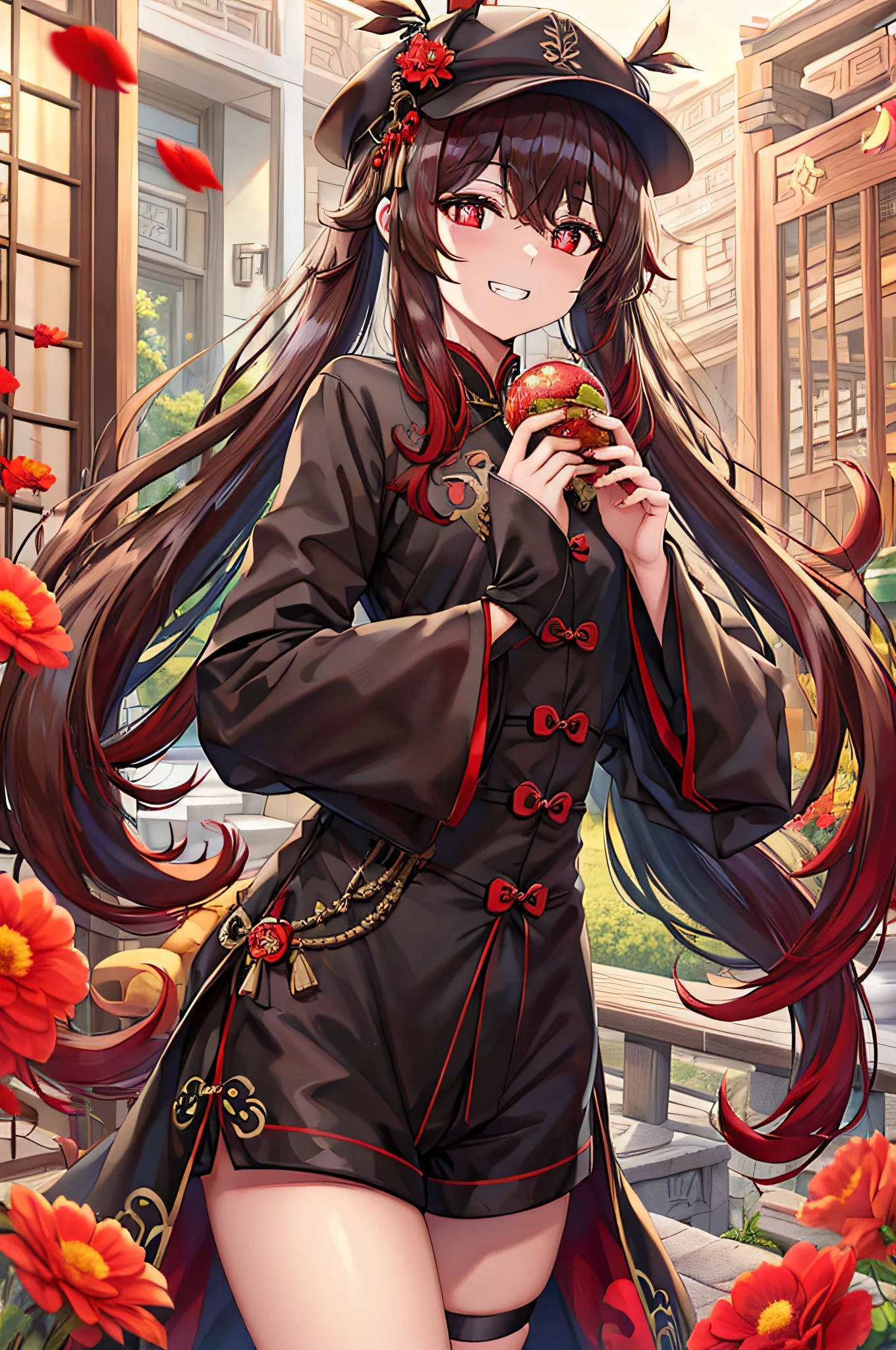 (HuTao/(GenshinImpact/)), red eyes, flower-shaped pupils, hat, long brown hair, bangs, twintails, chinese clothes, black shorts, wide sleeves, grin,
