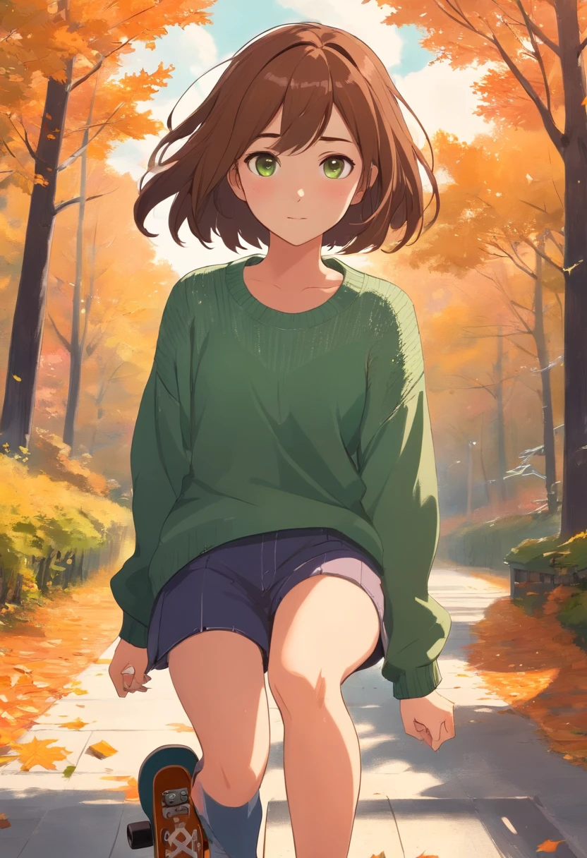 A girl, with brown short hair, The eyes are brown, freckles on her face, green oversized sweater, Autumn landscape, skateboarding; pro skateboarder, kidsMIX