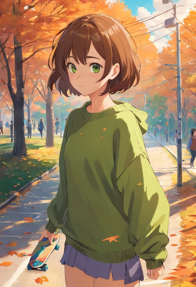 A girl, with brown short hair, The eyes are brown, freckles on her face, green oversized sweater, Autumn landscape, skateboarding; pro skateboarder, kidsMIX