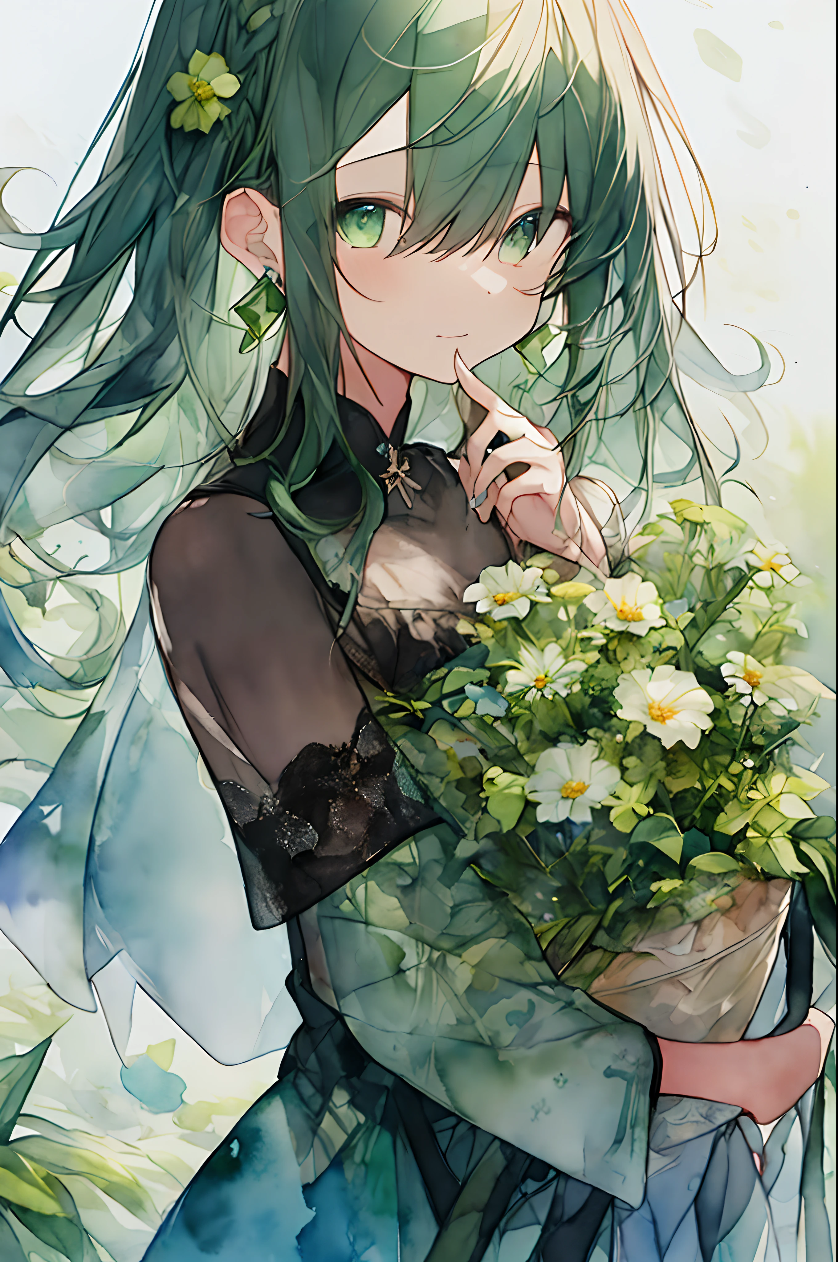 (watercolor paiting:1.2),1girl in, 独奏, florals, klee、Green clover、portraitures, Sateen、bangss, signed, Black and green hair, length hair, Hair between green eyes, Green earrings、hight resolution、Top image quality、masterpiece、holding flower bouquet、turned around、Mysterious