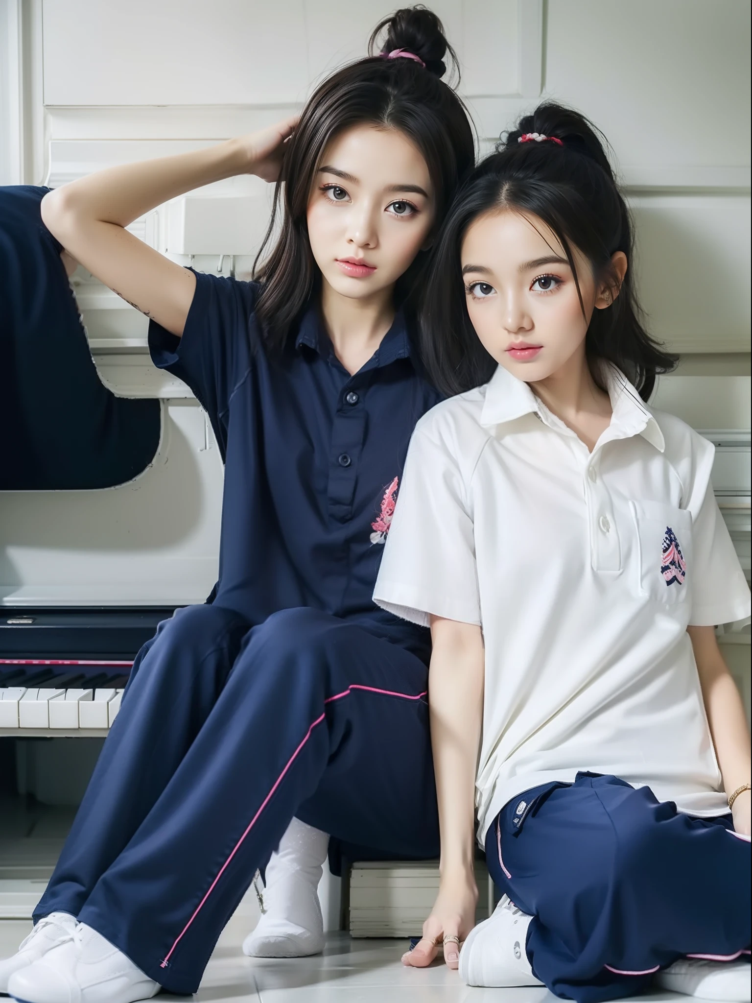 3 girls in fitness center, Navy blue short-sleeved shirt,Navy Long Trackpant,Sweatpants, Sweatpantsขายาว,25 year old girl, lesbian, sexy, exercise clothes, wet body, exercise clothes