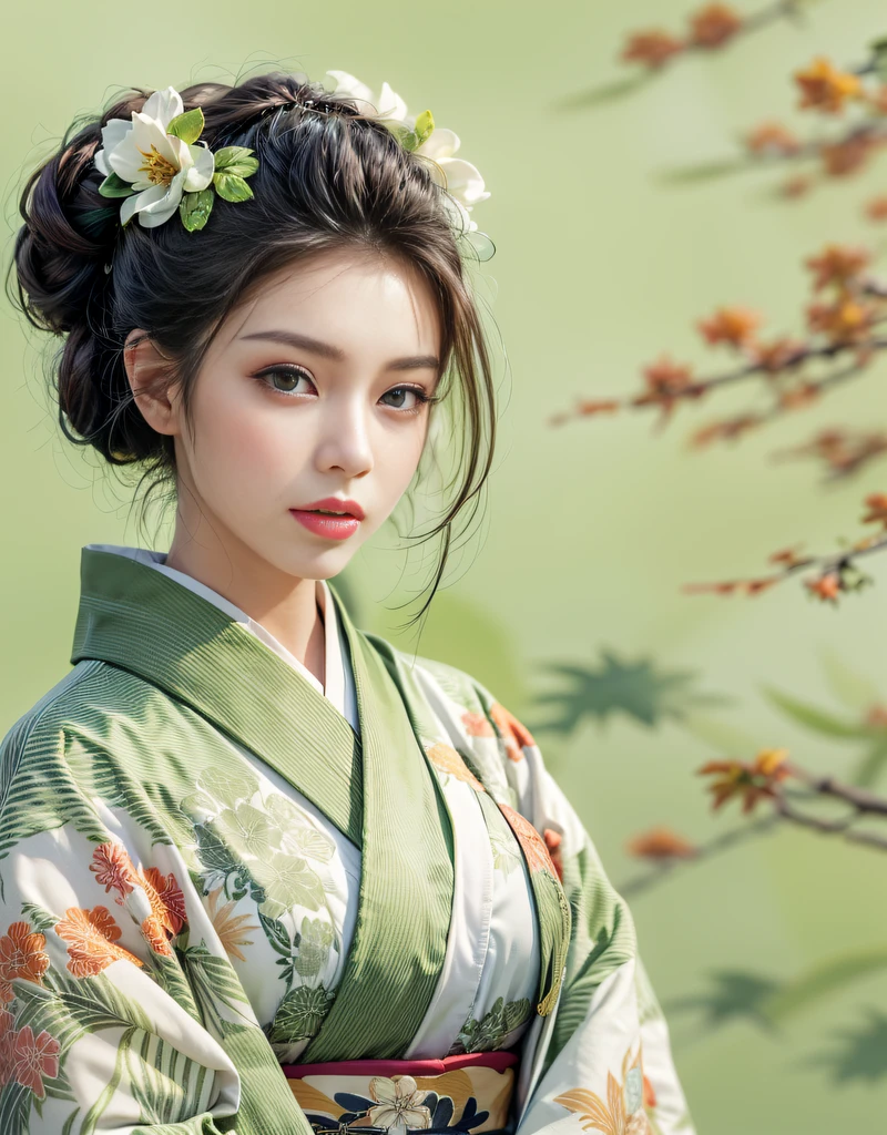 (Beautiful model in Japanese kimono commercial), (solo), ((face is 70% beauty and elegance, 30% pretty and cute:1.5)), (Her roots are in Eastern Europe and Asia), clear eyes, (detailed eyes, light green eyes, bright pupils), Double Eyelids, (sexy lips with a little thickness:1.2), super detailed and incredibly high resolution Kimono, Highly Detailed Face Texture, striking body shape, curvy and very attractive woman, The color of the kimono is 65% white and 35% matcha-green, high-resolution RAW color photo pro photo, BREAK ultra high-resolution textures, High-res body rendering, big eyes, unparalleled masterpiece, incredible high resolution, super detailed, stunning ceramic skin, BREAK (Wearing a white kimono with plenty of bright matcha green color), (The main color is gentle white, the bright matcha green stands out, and black is used as an accent), (elaborately made classical Japanese white kimono), ((The pattern is boldly, bravely, and elegantly dyed with bright matcha green, and is delicately accented)), (A black obi that matches this kimono), ((A white kimono with delicate and elegant patterns in bright matcha green)), (The background is a dry landscape created with bright matcha green and black) BREAK ((Best Quality, 8k)), Crisp Focus:1.2, (Layer Cut, Big:1.2), (Beautiful Woman with Perfect Figure:1.4), (Beautifully shaped and big breasts:1.3), Slender waist, (Correct hand shape:1.5), (Full body shot | cowboy shot | back view)