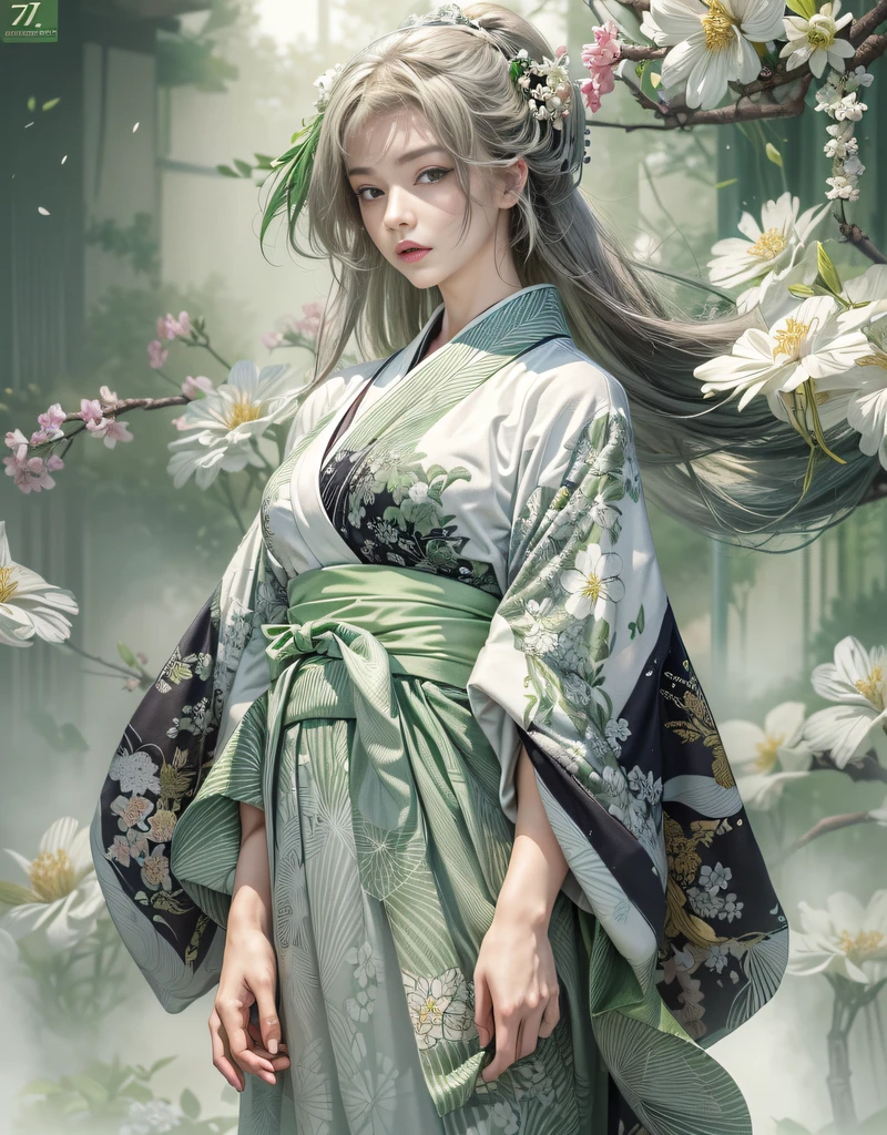 (Beautiful model in Japanese kimono commercial), (solo), ((face is 70% beauty and elegance, 30% pretty and cute:1.5)), (Her roots are in Eastern Europe and Asia), clear eyes, (detailed eyes, light green eyes, bright pupils), Double Eyelids, (sexy lips with a little thickness:1.2), super detailed and incredibly high resolution Kimono, Highly Detailed Face Texture, striking body shape, curvy and very attractive woman, The color of the kimono is 65% white and 35% matcha-green, high-resolution RAW color photo pro photo, BREAK ultra high-resolution textures, High-res body rendering, big eyes, unparalleled masterpiece, incredible high resolution, super detailed, stunning ceramic skin, BREAK (Wearing a white kimono with plenty of bright matcha green color), (The main color is gentle white, the bright matcha green stands out, and black is used as an accent), (elaborately made classical Japanese white kimono), ((The pattern is boldly, bravely, and elegantly dyed with bright matcha green, and is delicately accented)), (A black obi that matches this kimono), ((A white kimono with delicate and elegant patterns in bright matcha green)), (The background is a dry landscape created with bright matcha green and black) BREAK ((Best Quality, 8k)), Crisp Focus:1.2, (Layer Cut, Big:1.2), (Beautiful Woman with Perfect Figure:1.4), (Beautifully shaped and big breasts:1.3), Slender waist, (Correct hand shape:1.5), (Full body shot | cowboy shot | back view)