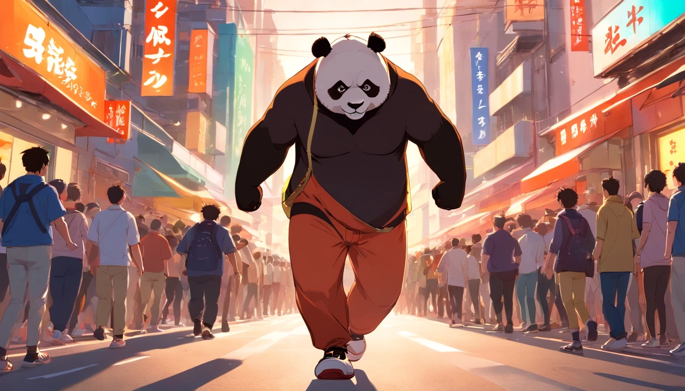((RAW photogr)), ((tmasterpiece)), Anthropomorphic humanoid panda in street clothes, walking on the crowd, intricately details, Intricate work by Gribors, Behind the city, athletic sneakers, fit-muscled body, Muscular arms, Small head, Scary ogres, Titan, gentle illumination, Ultra photo realsisim
