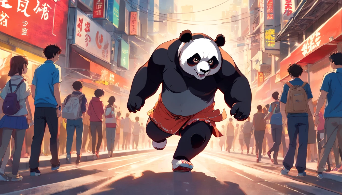 ((RAW photogr)), ((tmasterpiece)), Anthropomorphic humanoid panda in street clothes, walking on the crowd, intricately details, Intricate work by Gribors, Behind the city, athletic sneakers, fit-muscled body, Muscular arms, Small head, Scary ogres, Titan, gentle illumination, Ultra photo realsisim