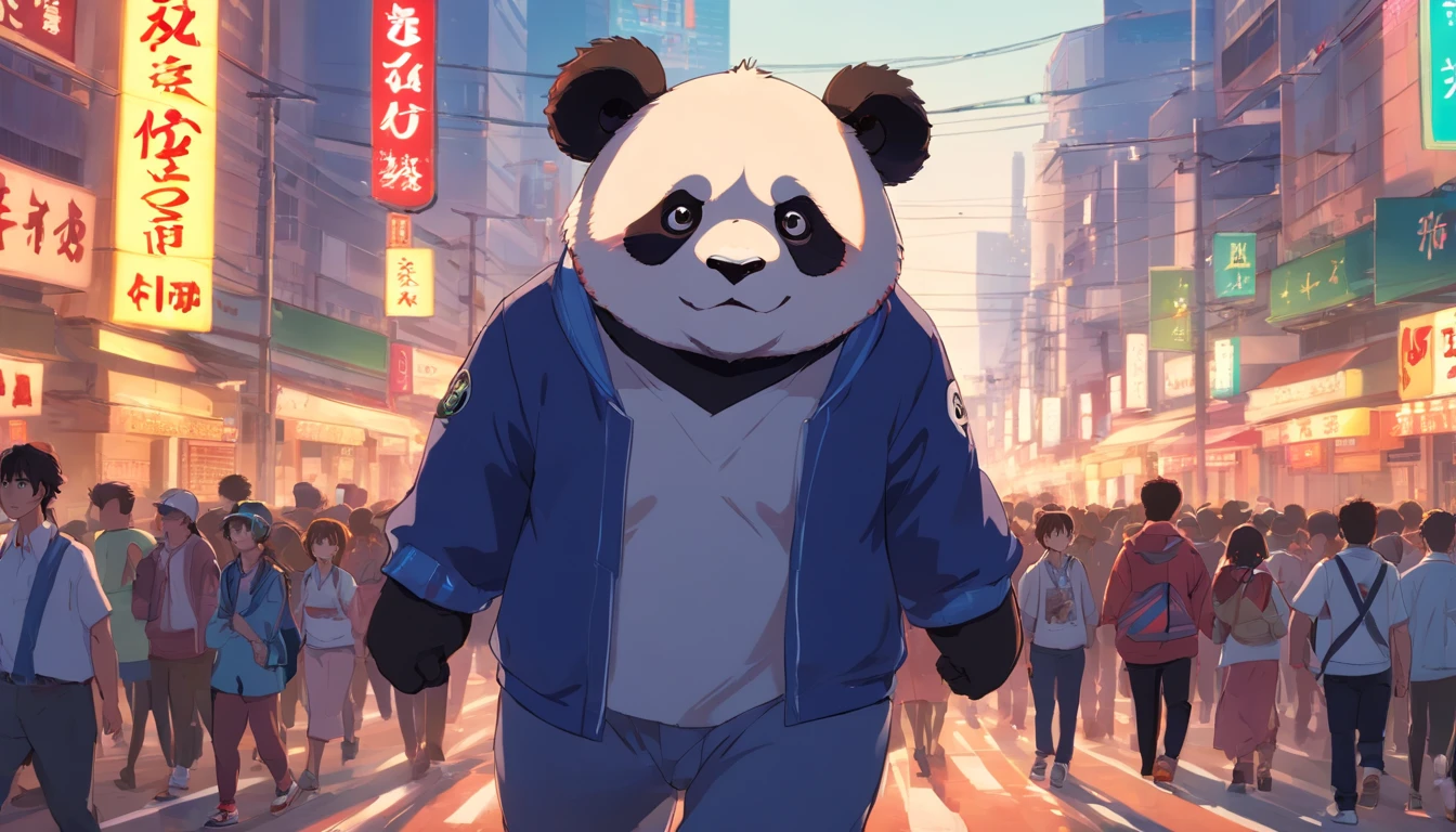((RAW photogr)), ((tmasterpiece)), Anthropomorphic humanoid panda in street clothes, walking on the crowd, intricately details, Intricate work by Gribors, Behind the city, athletic sneakers, fit-muscled body, Muscular arms, Small head, Scary ogres, Titan, gentle illumination, Ultra photo realsisim