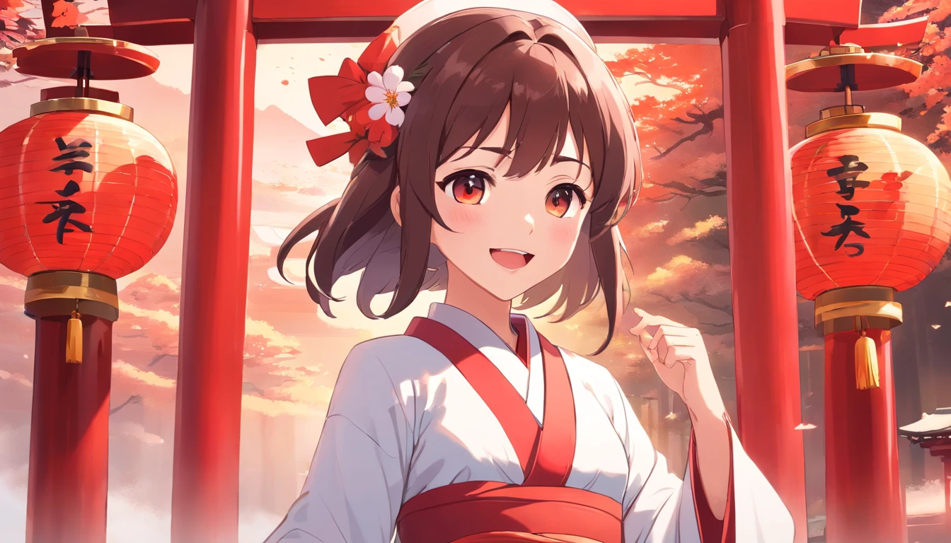 Japanese shrine maiden,, personal profile picture, Japan women,kawaii!, profile photo, trending photo, , Dressed in white and red priestess clothing, full-body xianxia, Gorgeous woman, Japan Girl,facing the front there、Opens mouth and laughs,A smile