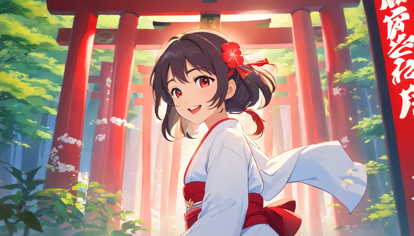 Japanese shrine maiden,, personal profile picture, Japan women,kawaii!, profile photo, trending photo, , Dressed in white and red priestess clothing, full-body xianxia, Gorgeous woman,  Japan Girl,facing the front there、Opens mouth and laughs,A smile