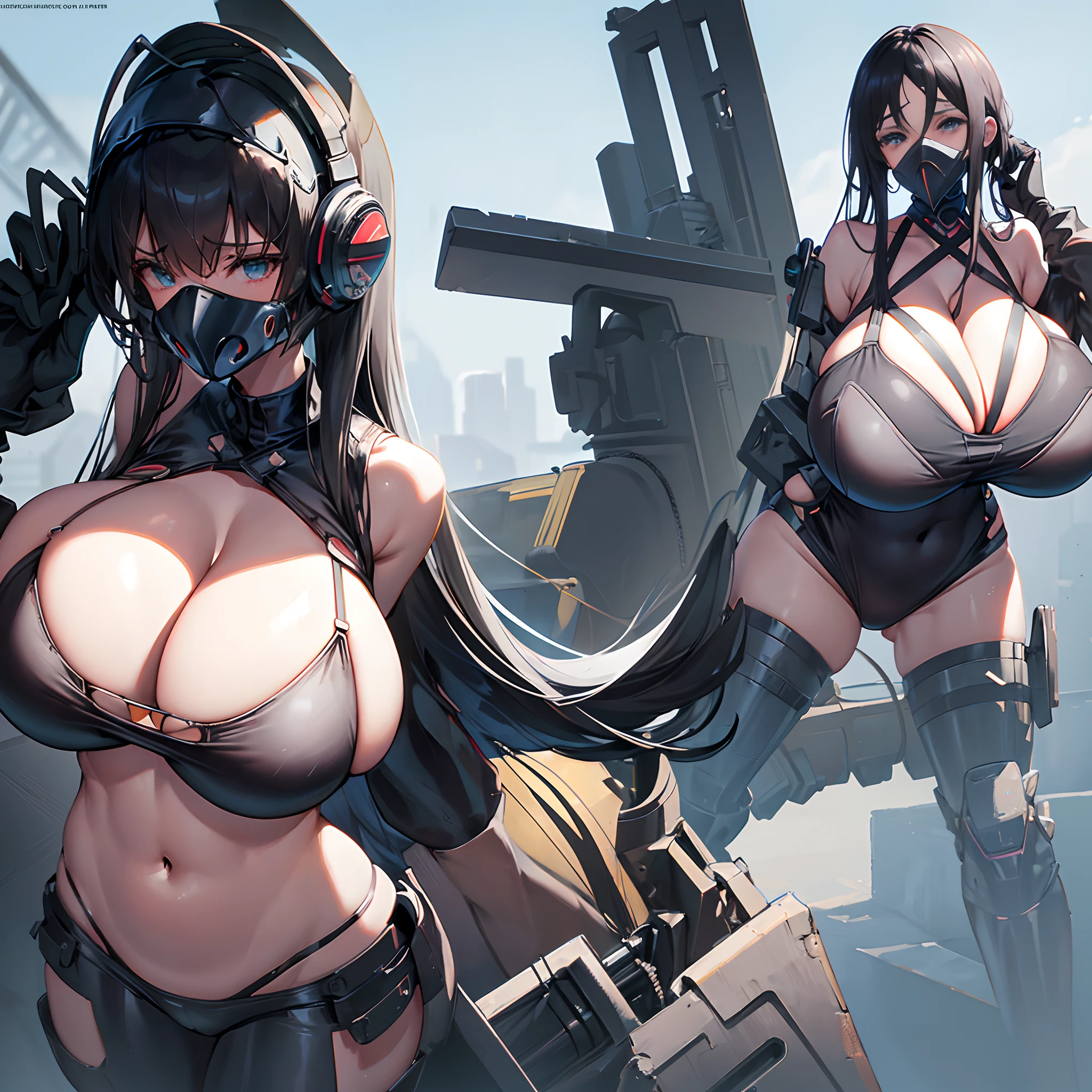 V-shaped swimsuit,(gigantic cleavage breasts:1.4),black pantyhoses,black long hair,Mechanical helmet,no shoes,Full body like,Para cobrir seu rosto,Gas masks,exposing your navel,Expose the armpits,white backgrounid,simplebackground