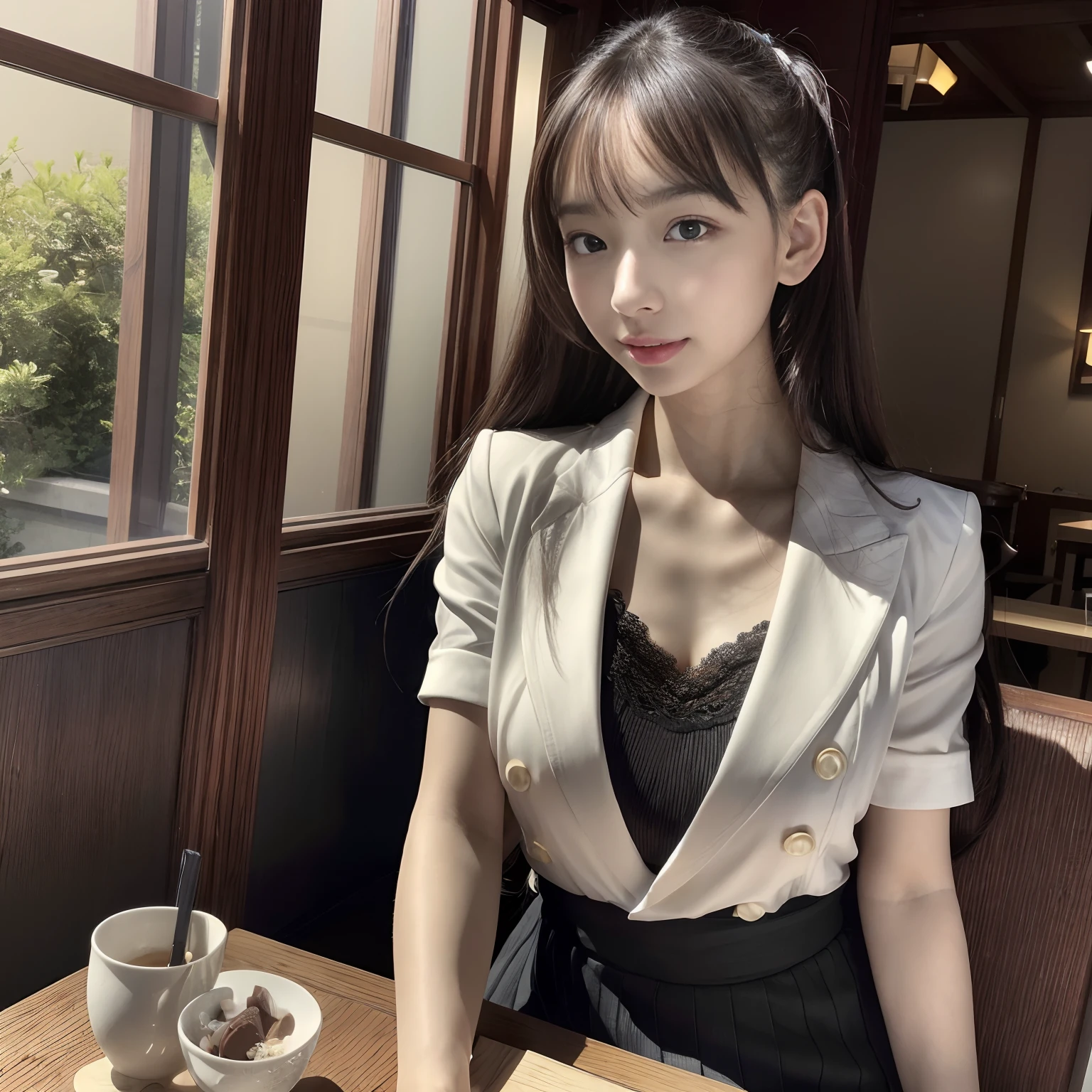 ,(Photorealsitic, High resolution:1.4), Raw photo, (Realistic, Photorealsitic:1.37),younggirl, japanes,Beautiful girl of the highest grade, ((disproportionate-breasted)), (Details of very beautiful face and hands), (Best Quality:1.4), 8K resolution,（Japanese-style café in Kyoto:1.5）Beautiful garden view from the window, The table、Sitting in a chair.Chocolate Parfait, Gloss on lips, Long hair, Parted lips, Staring at me, Black lace clothes、Skirt, flowers print,
