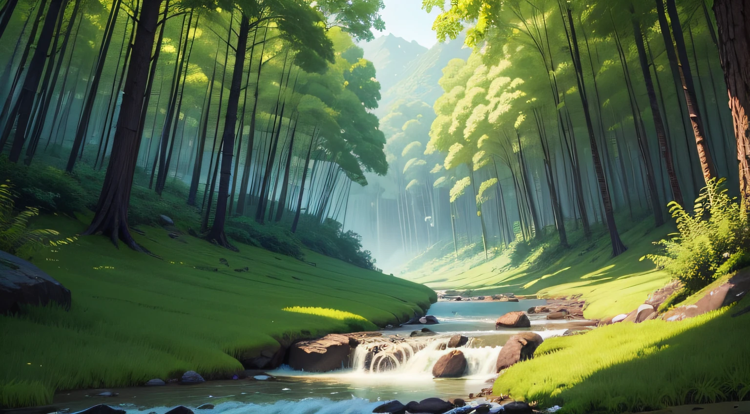 A close up of a stream in a forest with rocks and trees - SeaArt AI