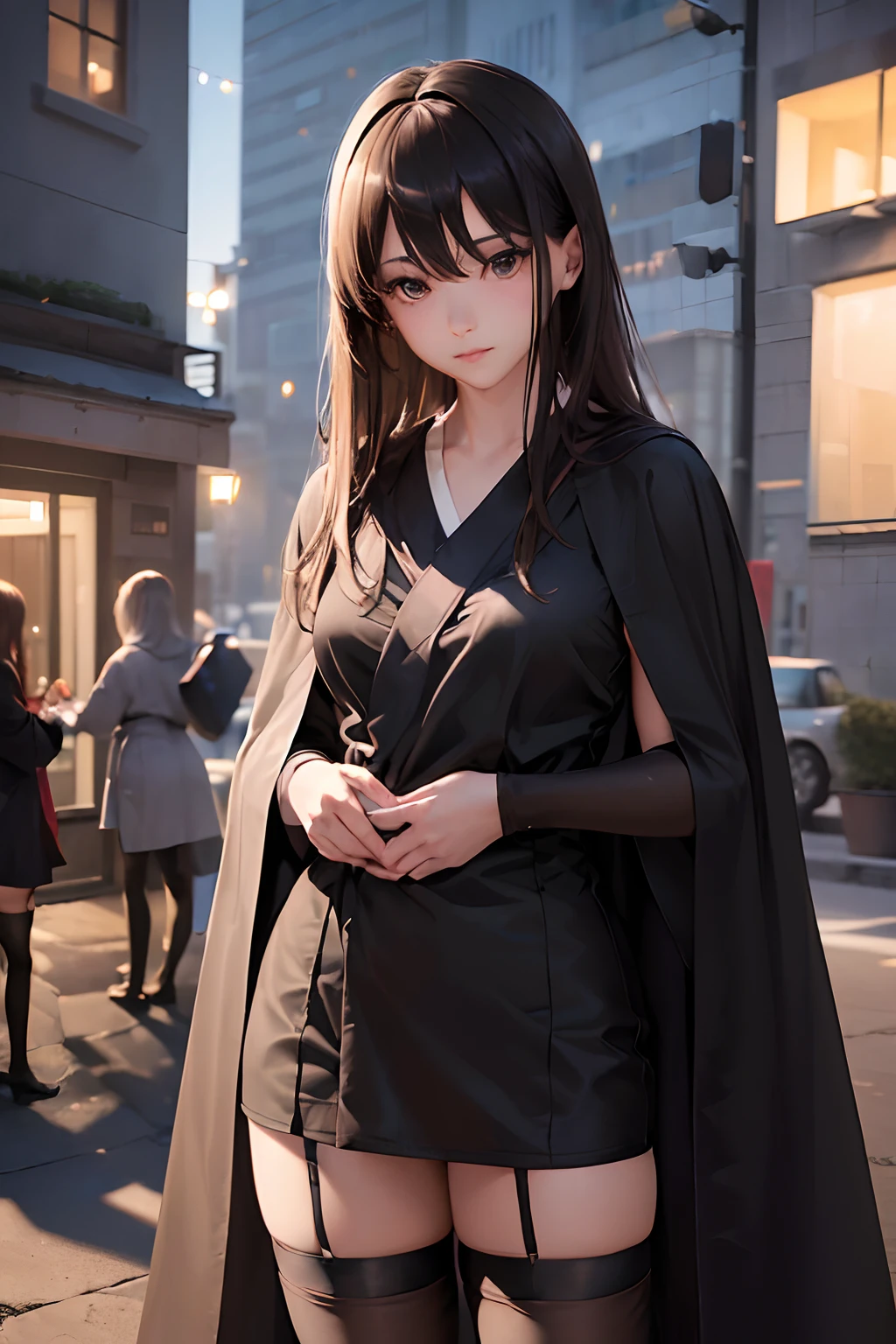 ((Realistic lighting、top-quality、8K、masterpiece:1.3))、Clear focus:1.2、1girl in、Perfect Body Beauty:1.4、Slim abs:1.1、((dark brown hair))、(robe blanche:1.4)、(outside of house、natta:1.1)、City Street、Superfine Face、Fine eyes、二重まぶた、(Black stockings above the knee:1.5),Tight-fitting clothing