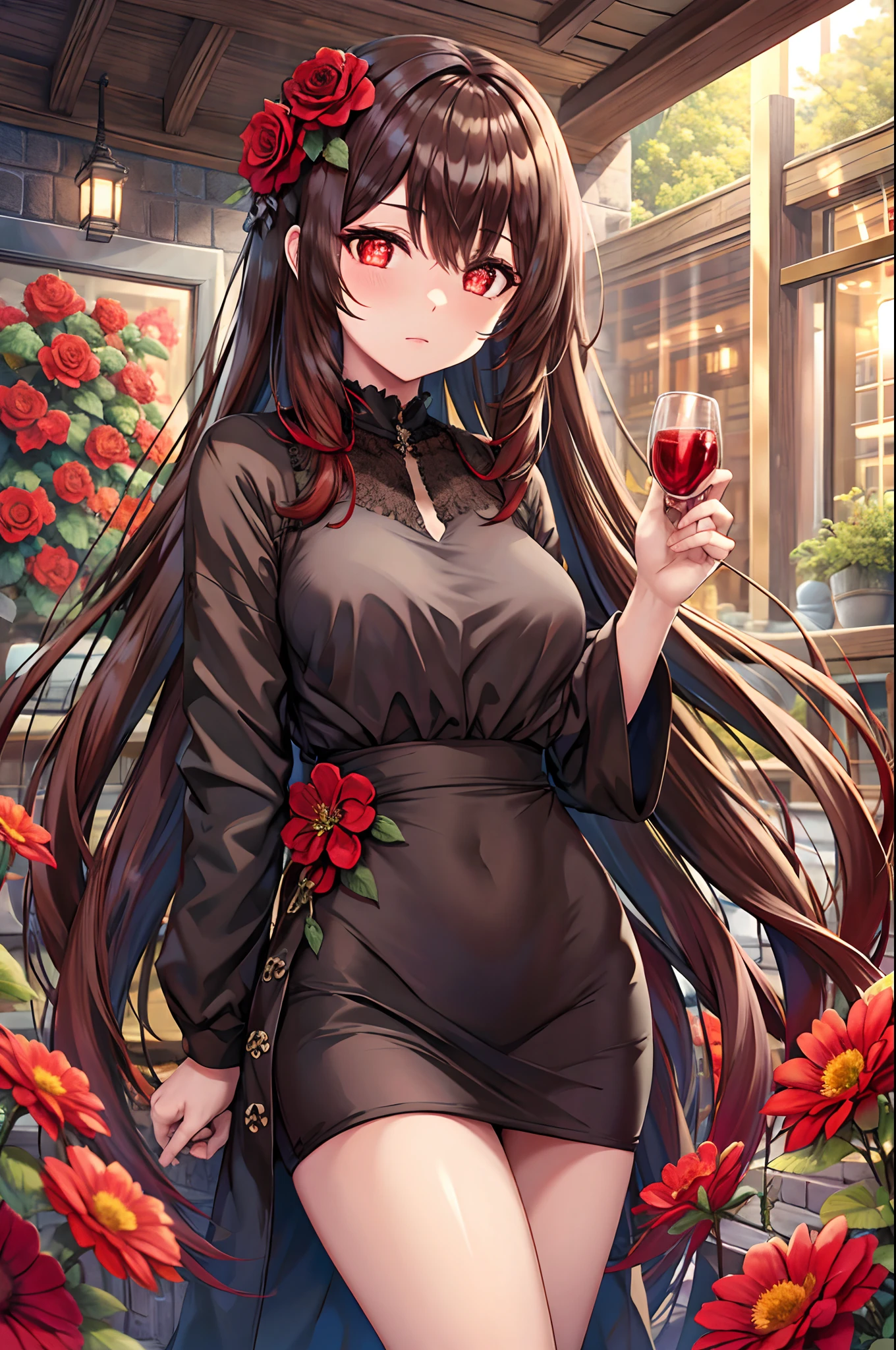 red eyes, flower-shaped pupils,, long brown hair