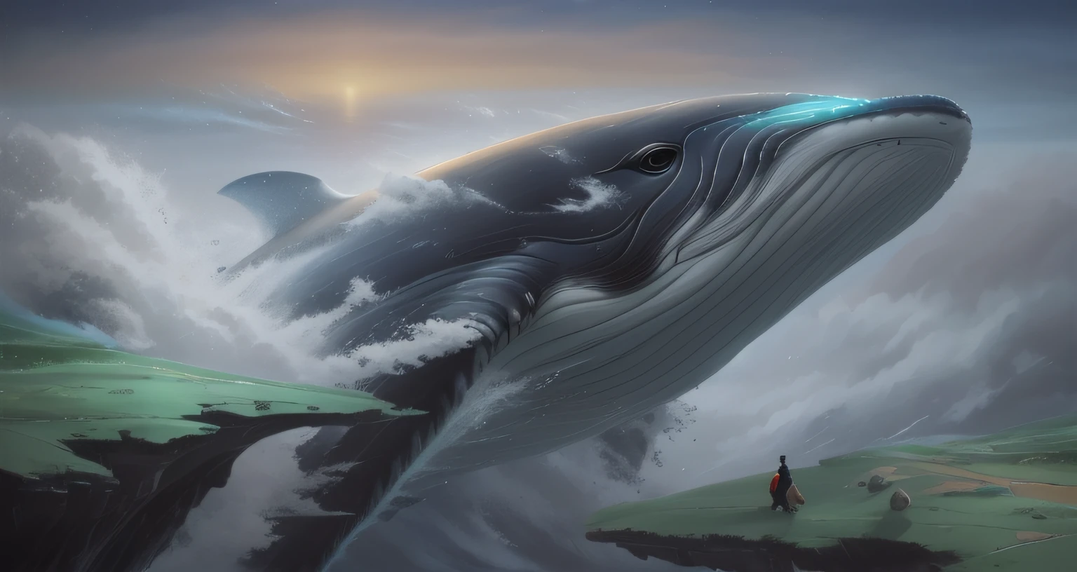 Realisticstyle,Whales jump out of the clouds,precipice, sky whales, whale fall, whale, flying whale, whale monsters, cyborg whale, subreddit / r / whale, blue whale, inspired by Noah Bradley, huge creature, flying whale, Inspired by Cyril Rolando, dreamlike digital painting, whales, stefan koidl inspired