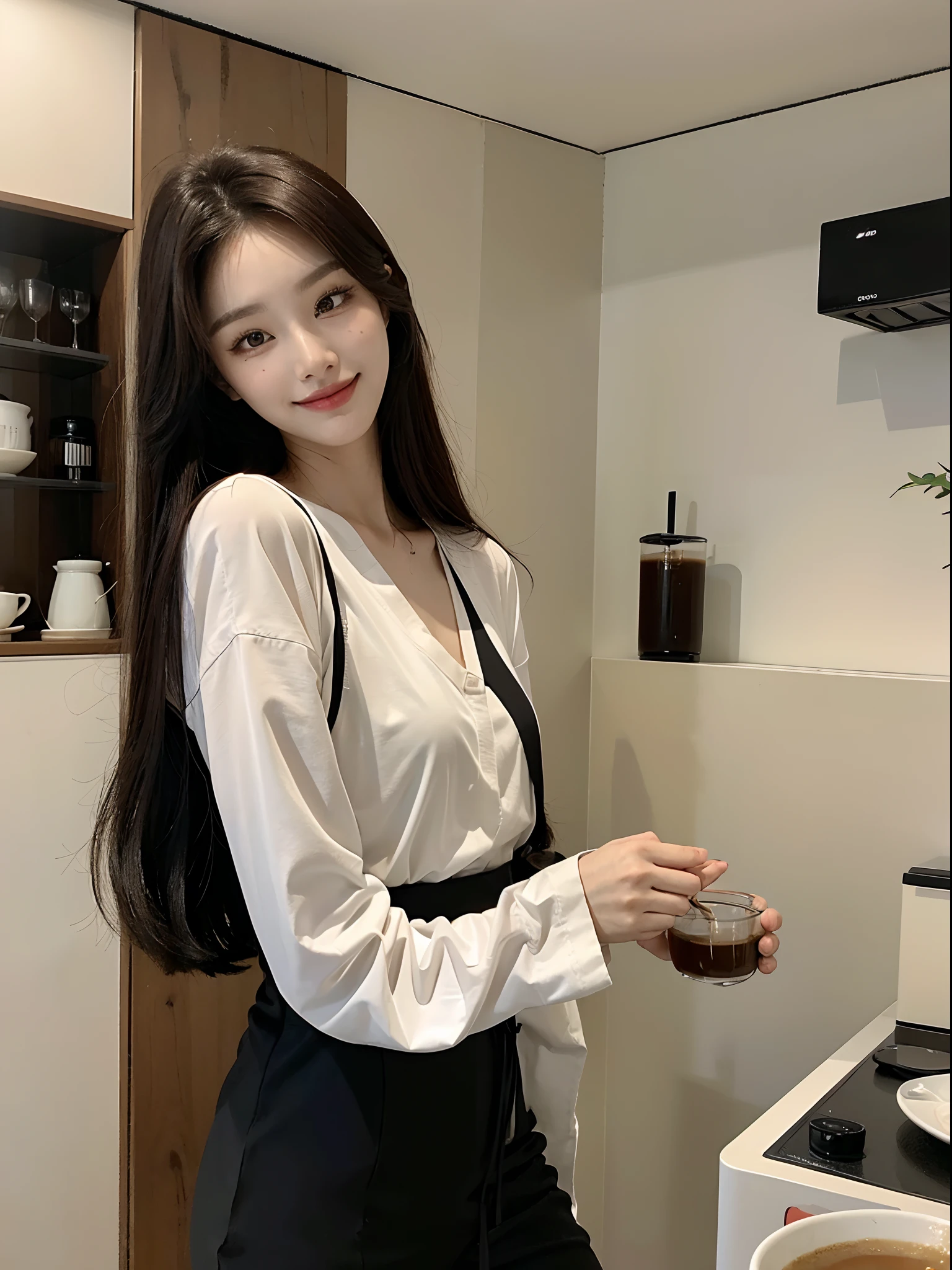 ​masterpiece、top-quality)、1 beutiful girl、Slim body、((Black and white loungewear:1.1))、(Detailed beautiful eyes)、In the kitchen of a fashionable house、Face similar to Chaewon in Le Selefim、((Boyish Brown Medium Hair))、((Smaller face))、((Neutral face))、((Light brown eyes))、((Korean Girl))、((18year old))、((cool lady))、((A shy smile on his face))、((Korean Makeup))、((elongated and sharp eyes))、((Happy dating))、((boyish))、((She is pouring coffee into a glass))、((shot from front))