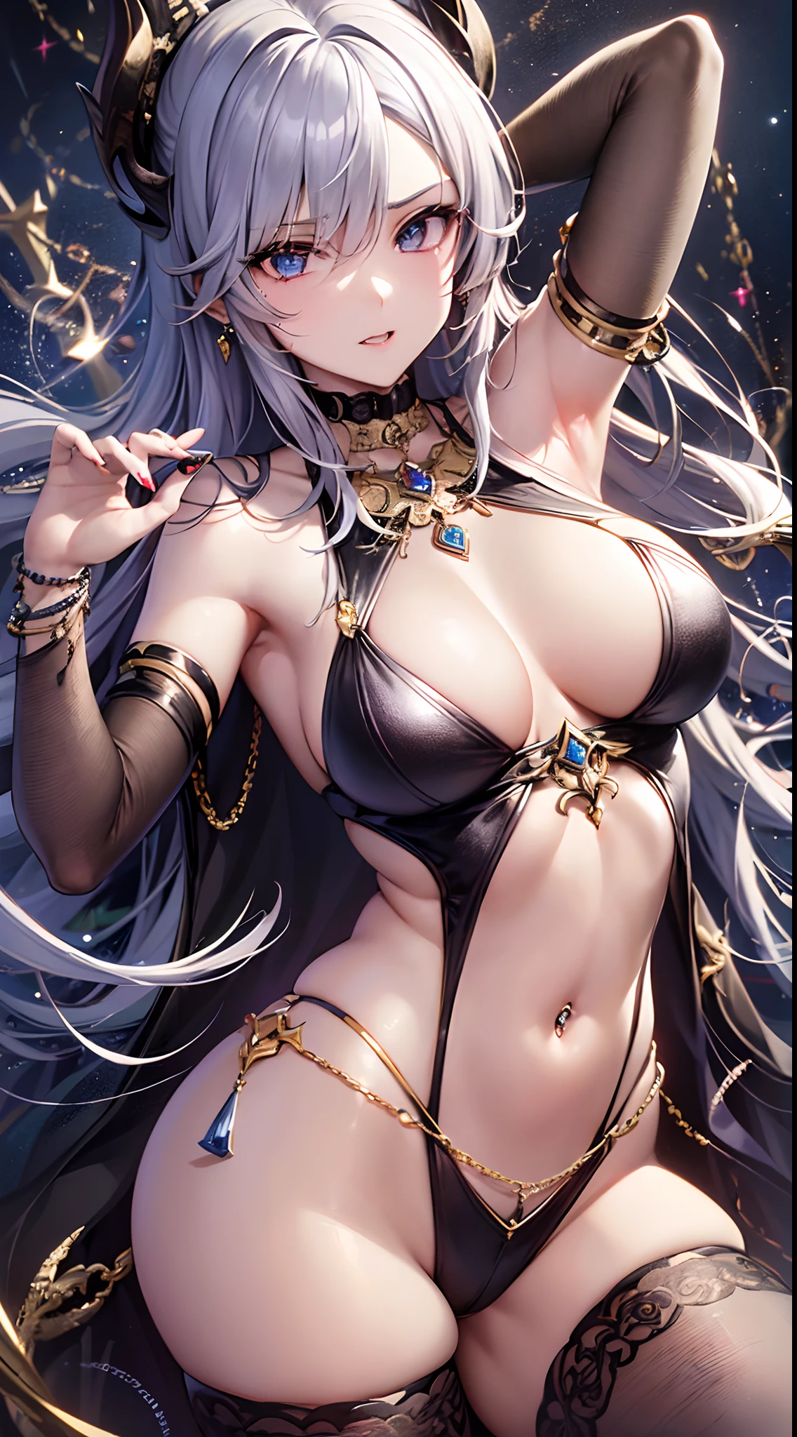 (Finest quality)),(超A high resolution),(ultra-detailliert),(Meticulous portrayal),((Best Anime)),(Finest works of art),sharpnes,Clair,Ultra-precise art,Contemporary art, (Devilish Beauty),Glamorous Body,thin-waist,a navel,((Seductive fashion)),a choker,Chain Accessories,piercings