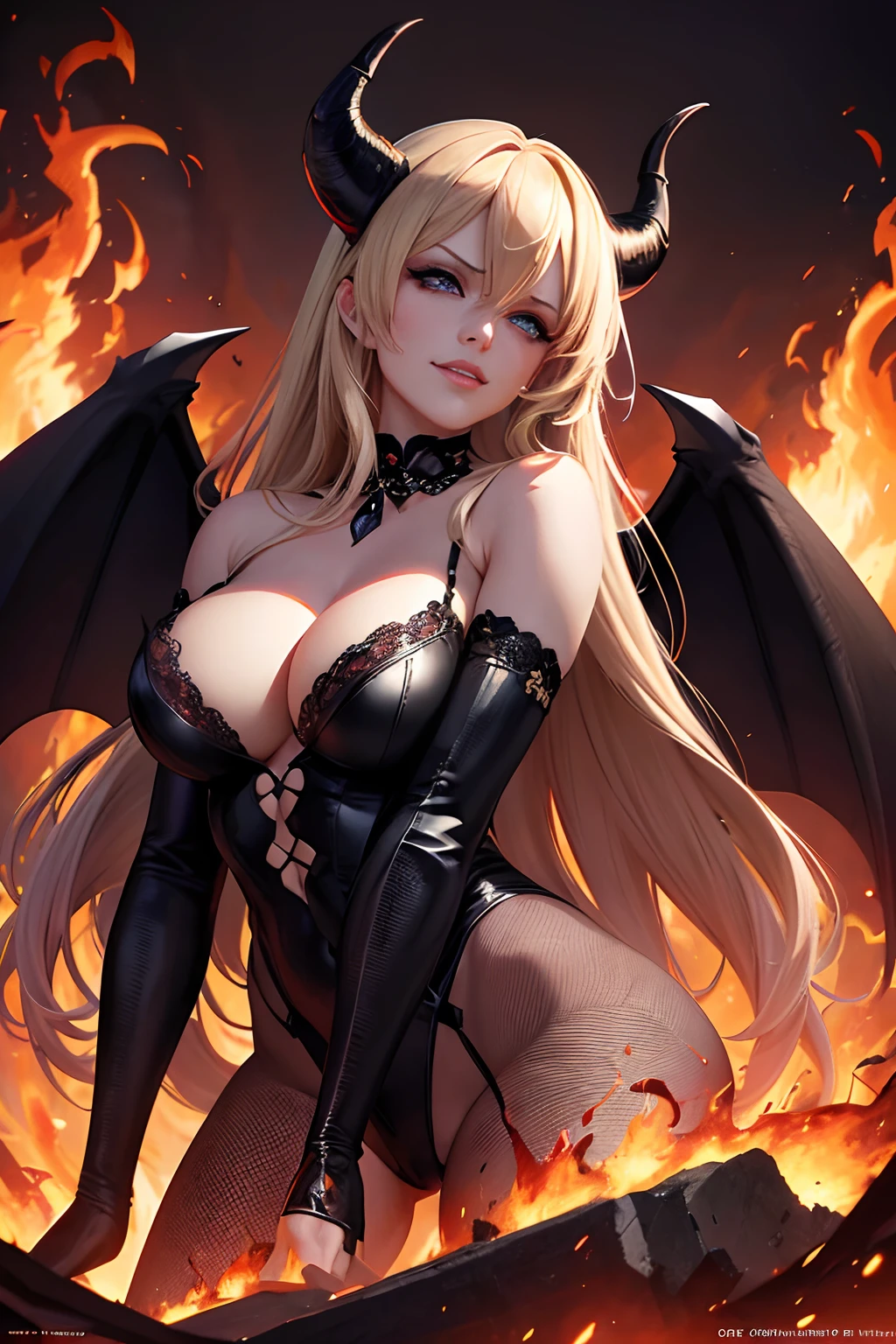 Ultra-detailed Stormy Daniels stands atop a pile of burning ruins, Her diabolical and insidious presence radiating from her dark crown and black and red evil queen dress................................... Her demon wings on her back and demon horn give her an invincible aura as she unleashes a powerful wave of destruction with a single gesture....................................................................