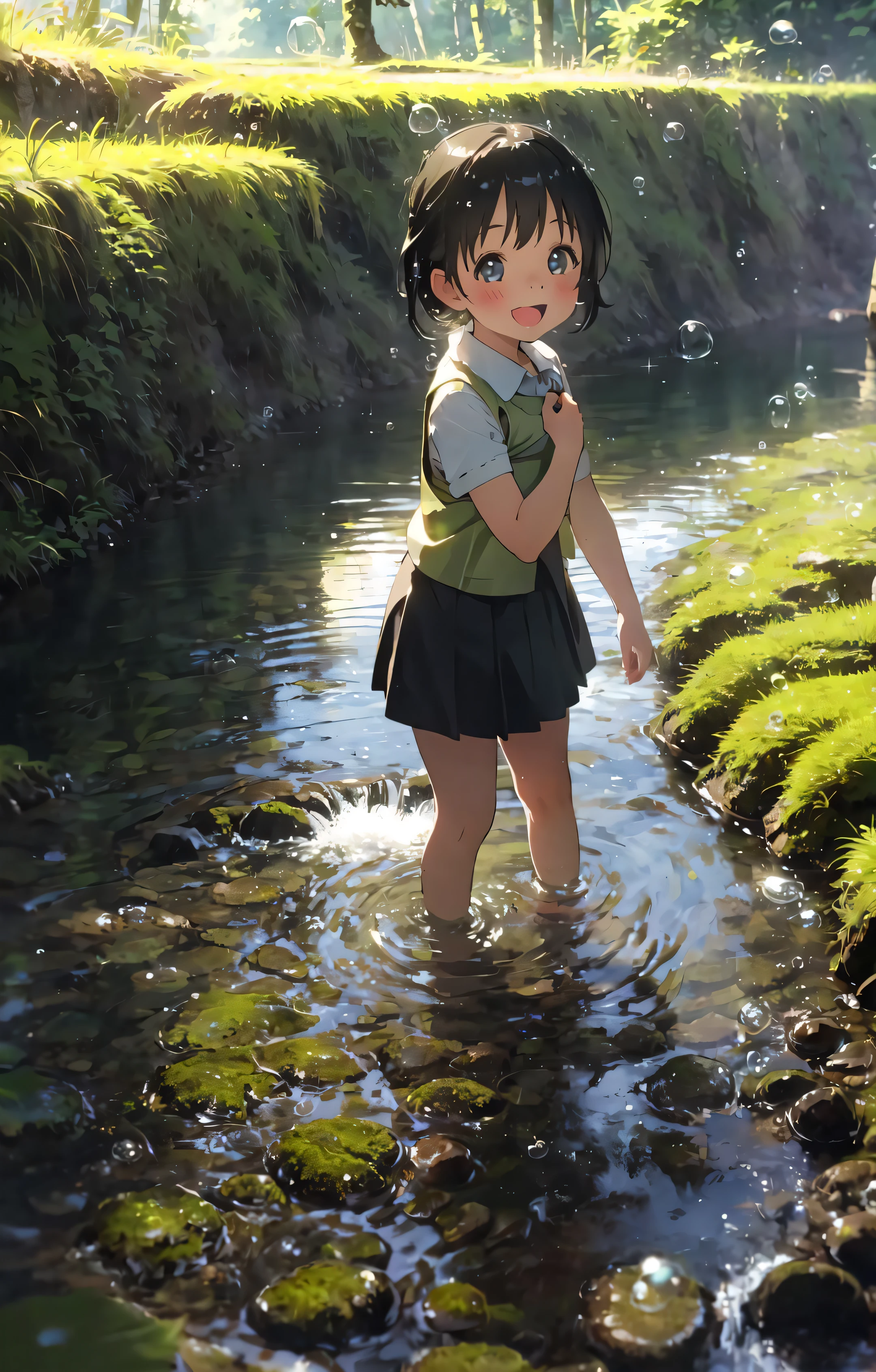 1girl,Stream,Moss,small pebble,Forest,Short Skirt,kid,Happy,Water,Bubble,paddy field,