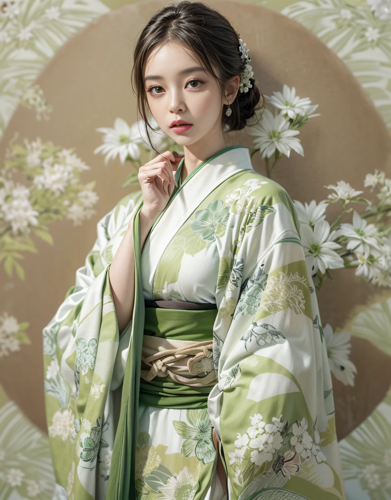 (Beautiful model in Japanese kimono commercial), (solo), ((face is 70% beauty and elegance, 30% pretty and cute:1.5)), (Her roots are in Eastern Europe and Asia), clear eyes, (detailed eyes, light green eyes, bright pupils), Double Eyelids, (sexy lips with a little thickness:1.2), super detailed and incredibly high resolution Kimono, Highly Detailed Face Texture, striking body shape, curvy and very attractive woman, The color of the kimono is 65% white and 35% matcha-green, high-resolution RAW color photo pro photo, BREAK ultra high-resolution textures, High-res body rendering, big eyes, unparalleled masterpiece, incredible high resolution, super detailed, stunning ceramic skin, BREAK (Wearing a white kimono with plenty of bright matcha green color), (The main color is gentle white, the bright matcha green stands out, and black is used as an accent), (elaborately made classical Japanese white kimono), ((The pattern is boldly, bravely, and elegantly dyed with bright matcha green, and is delicately accented)), (A black obi that matches this kimono), ((A white kimono with delicate and elegant patterns in bright matcha green)), (The background is a dry landscape created with bright matcha green and black) BREAK ((Best Quality, 8k)), Crisp Focus:1.2, (Layer Cut, Big:1.2), (Beautiful Woman with Perfect Figure:1.4), (Beautifully shaped and big breasts:1.3), Slender waist, (Correct hand shape:1.5), (Full body shot | cowboy shot | back view)