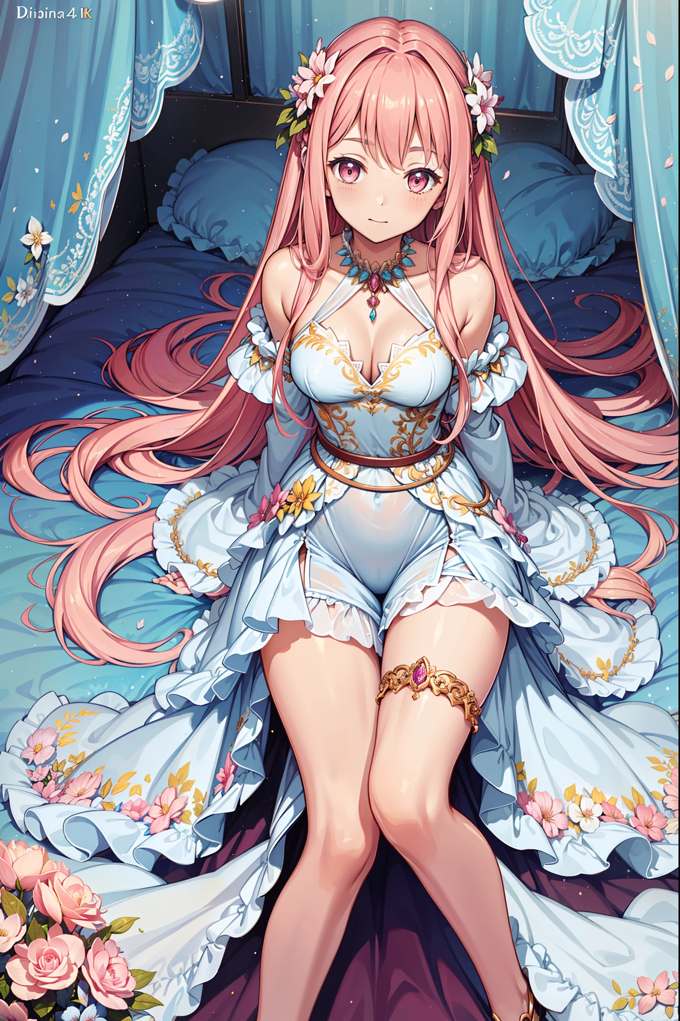 (Best quality,4K,8K,A high resolution,Masterpiece:1.2),Ultra-detailed,Goddess of flowers,teens girl,Enchanting,Smart,cheerfulness,divino,Light pink hair,((White Western-style dress)),(Transparent clothing),Floral decoration,exquisite costumes,A small amount of lace,Bedrooms,solo person,the night,Transparent pantyhose,Fleece,Lie down