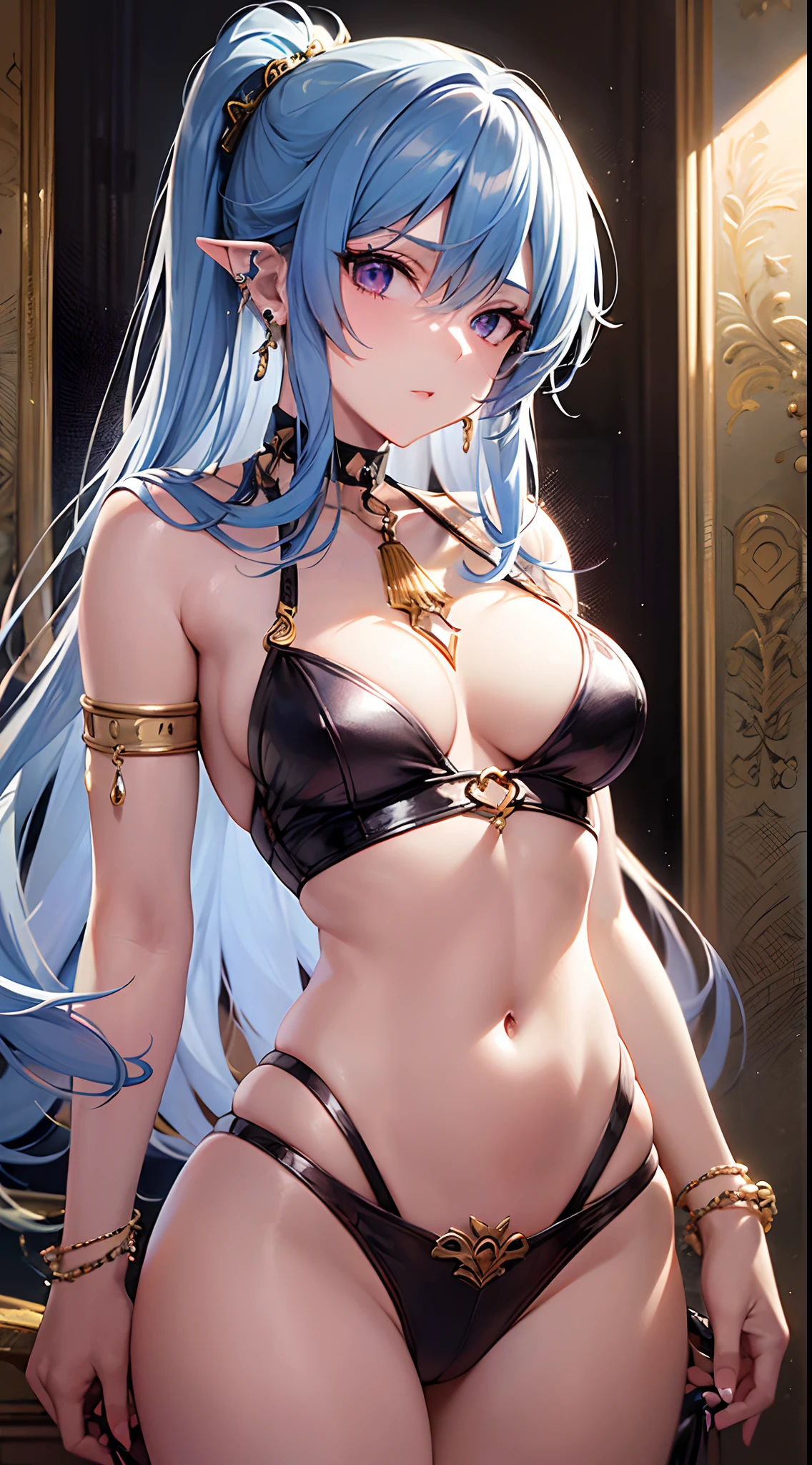 (Finest quality)),(超A high resolution),(ultra-detailliert),(Meticulous portrayal),((Best Anime)),(Finest works of art),sharpnes,Clair,Ultra-precise art,The Art of Phenomenal Depictions, Glamorous Body,thin-waist,a navel,((Seductive fashion)),a choker,Chain Accessories,piercings