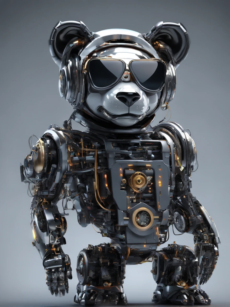A panda robot,Wearing sunglasses, with headphones on, Standing position, Abstract beauty, Dynamic, Highly detailed digital painting, concept-art, 8K, high definition resolution