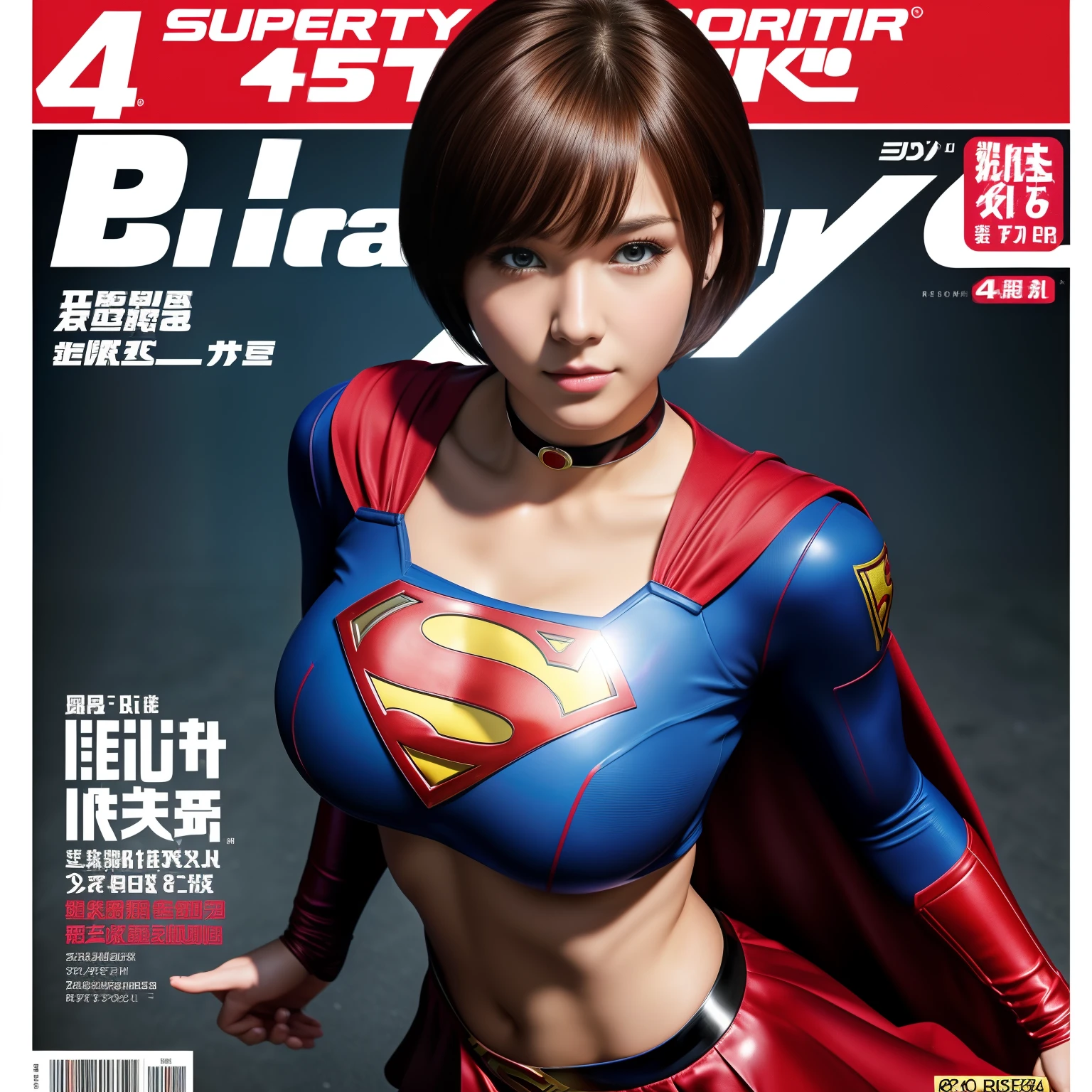 (Best Quality,4K,8K,hight resolution,masutepiece:1.2),Ultra-detailed,Realistic:1.37,Super masterpiece,Short-haired Supergirl、large full breasts、Looking at the camera、Glossy costume、a choker、Too short miniskirt、Magazine covers、Sports Papers