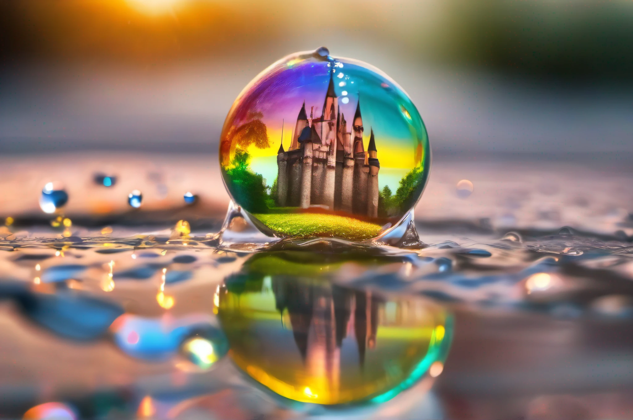 best quality, high resolution, ultra detailed, (vibrant reflection of a castle:1.3), sparkling water drop, realistic water texture, bright light, vivid colors, atmospheric, nature photography, bokehWater drop, rainbow reflection , drop of water sliding down a leaf, transparent photography, bright, sparkling, splendid, colorful, magical, spectacular lighting, photo realism, ultra detailed, 4k, depth of field, high resolution