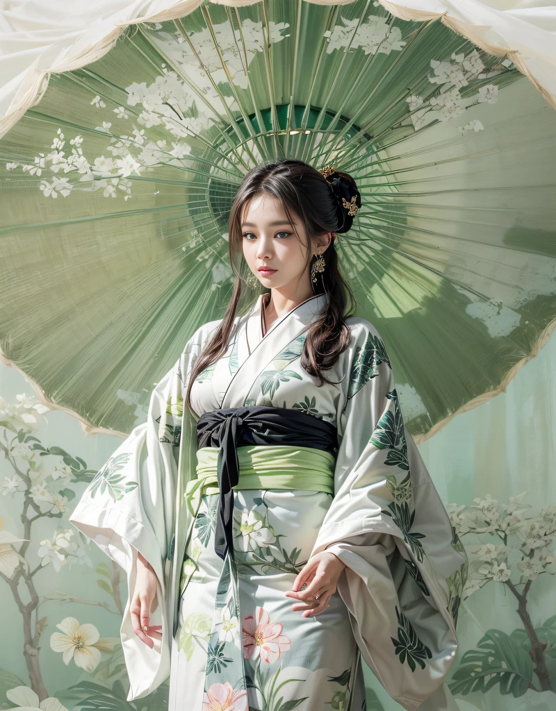 (Beautiful model in Japanese kimono commercial), (solo), ((face is 70% beauty and elegance, 30% pretty and cute:1.5)), (Her roots are in Eastern Europe and Asia), clear eyes, (detailed eyes, light green eyes, bright pupils), Double Eyelids, (sexy lips with a little thickness:1.2), super detailed and incredibly high resolution Kimono, Highly Detailed Face Texture, striking body shape, curvy and very attractive woman, The color of the kimono is 65% white and 35% matcha-green, high-resolution RAW color photo pro photo, BREAK ultra high-resolution textures, High-res body rendering, big eyes, unparalleled masterpiece, incredible high resolution, super detailed, stunning ceramic skin, BREAK (Wearing a white kimono with plenty of bright matcha green color), (The main color is gentle white, the bright matcha green stands out, and black is used as an accent), (elaborately made classical Japanese white kimono), ((The pattern is boldly, bravely, and elegantly dyed with bright matcha green, and is delicately accented)), (A black obi that matches this kimono), ((A white kimono with delicate and elegant patterns in bright matcha green)), (The background is a dry landscape created with bright matcha green and black) BREAK ((Best Quality, 8k)), Crisp Focus:1.2, (Layer Cut, Big:1.2), (Beautiful Woman with Perfect Figure:1.4), (Beautifully shaped and big breasts:1.3), Slender waist, (Correct hand shape:1.5), (Full body shot | cowboy shot | back view)
