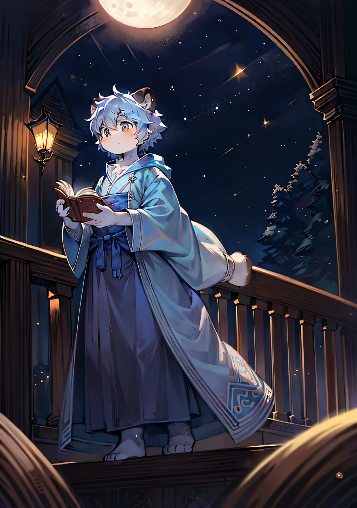 Tanuki standing on an arched bridge,There are patterns on the body,Caucasian students,Ambiguous gender,full moon,Stars in the sky,Light blue robe,A book was tied around his waist,Grab the handrails,Looking into the distance