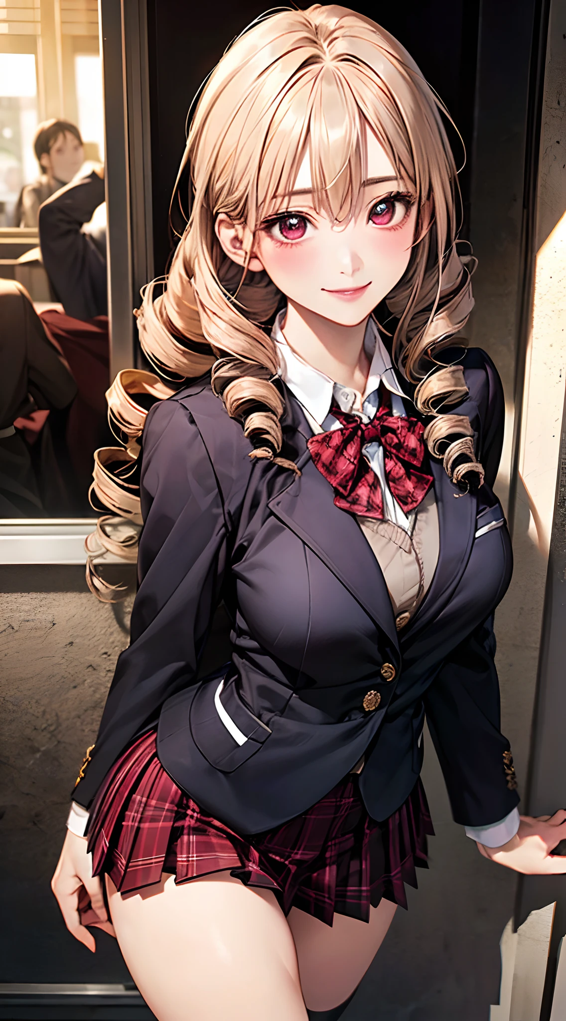 (masterpiece:1.2, top-quality), (realistic, photorealistic:1.4), beautiful illustration, NSFW,
looking at viewer, cowboy shot, front view:0.6,
1 girl, japanese, high school girl, blond hair, (long hair:1.8), (drill hair:1.7), bangs, hair between eye, red eyes, large breasts:0.8, (thick thighs),
beautiful hair, beautiful face, beautiful detailed eyes, beautiful clavicle, beautiful body, beautiful chest, beautiful thigh, beautiful legs, beautiful fingers,
(beautiful scenery), evening, school,
((maroon blazer, pleated mini skirt, socks, black private school uniform:1.2, houndstooth pleated skirt, red plaid bow tie)), pink panties,
(swollen), ((seductive posture: 1.2, attractiveness: 1.2)), (idle),
(erotic, sexy, upper eyes, smile), shiny skin,
perfect face, cute and symmetrical face, natural side lighting, movie lighting),
walking, waving,