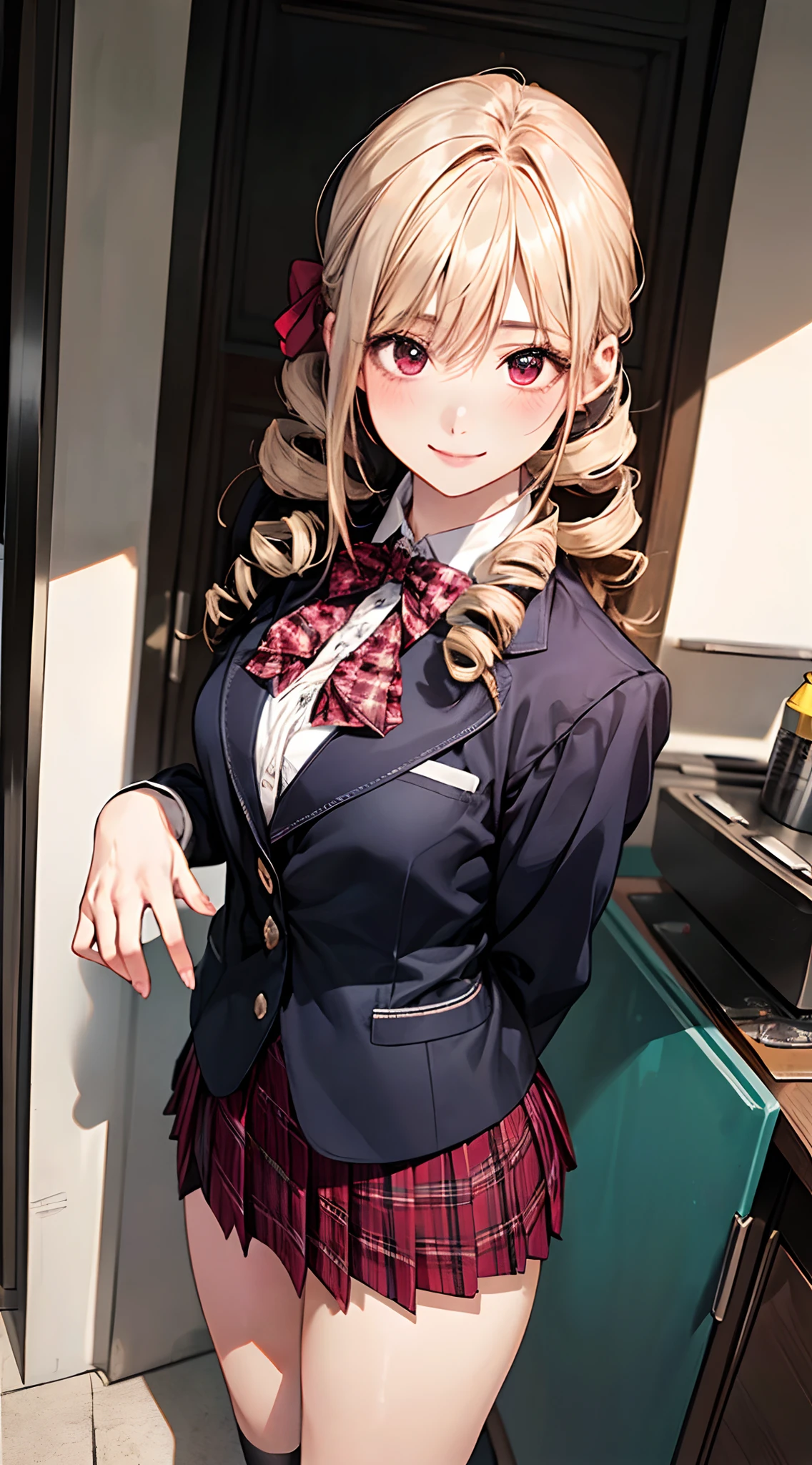 (masterpiece:1.2, top-quality), (realistic, photorealistic:1.4), beautiful illustration, NSFW,
looking at viewer, cowboy shot, front view:0.6,
1 girl, japanese, high school girl, blond hair, (long hair:1.8), (drill hair:1.7), bangs, hair between eye, red eyes, large breasts:0.8, (thick thighs),
beautiful hair, beautiful face, beautiful detailed eyes, beautiful clavicle, beautiful body, beautiful chest, beautiful thigh, beautiful legs, beautiful fingers,
(beautiful scenery), evening, school,
((maroon blazer, pleated mini skirt, socks, black private school uniform:1.2, houndstooth pleated skirt, red plaid bow tie)), pink panties,
(swollen), ((seductive posture: 1.2, attractiveness: 1.2)), (idle),
(erotic, sexy, upper eyes, smile), shiny skin,
perfect face, cute and symmetrical face, natural side lighting, movie lighting),
walking, waving,