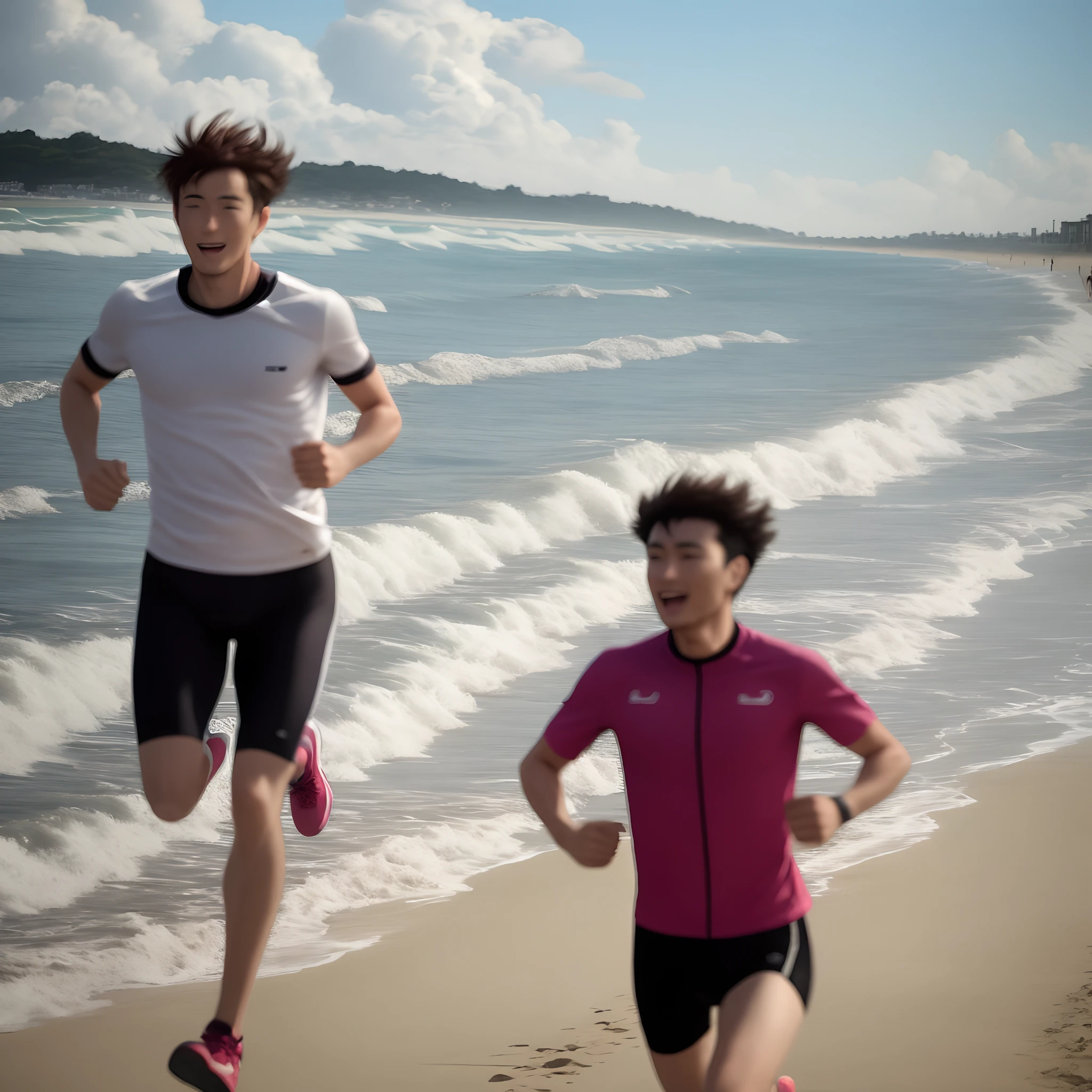 A man and lady running In beach