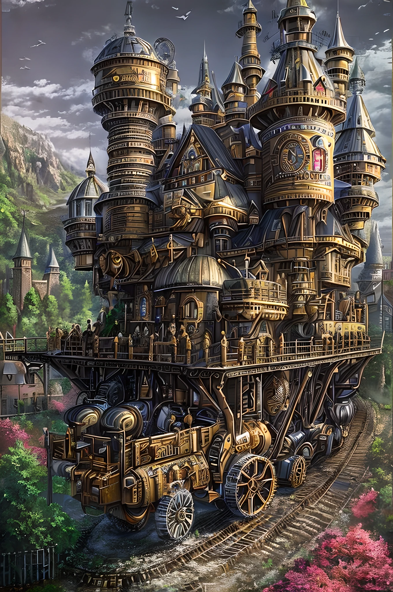 a long shot picture of a steampunk castle moving on wheeled motorized platform rolling hills, s steampunk castle with (turrets: 1.1), (towers:1.1), (bridges:1.2), (barbican:1.1), canons on the walls, a blimp flying by, green rolling hills background, wheeled platform, (castle on the platform:1.3) huge epic platform with many wheels carrying the castle, Photorealistic, 16k, RAW, award winning, (best detailed: 1.5), masterpiece, best quality, (ultra detailed), full body, ultra wide shot,