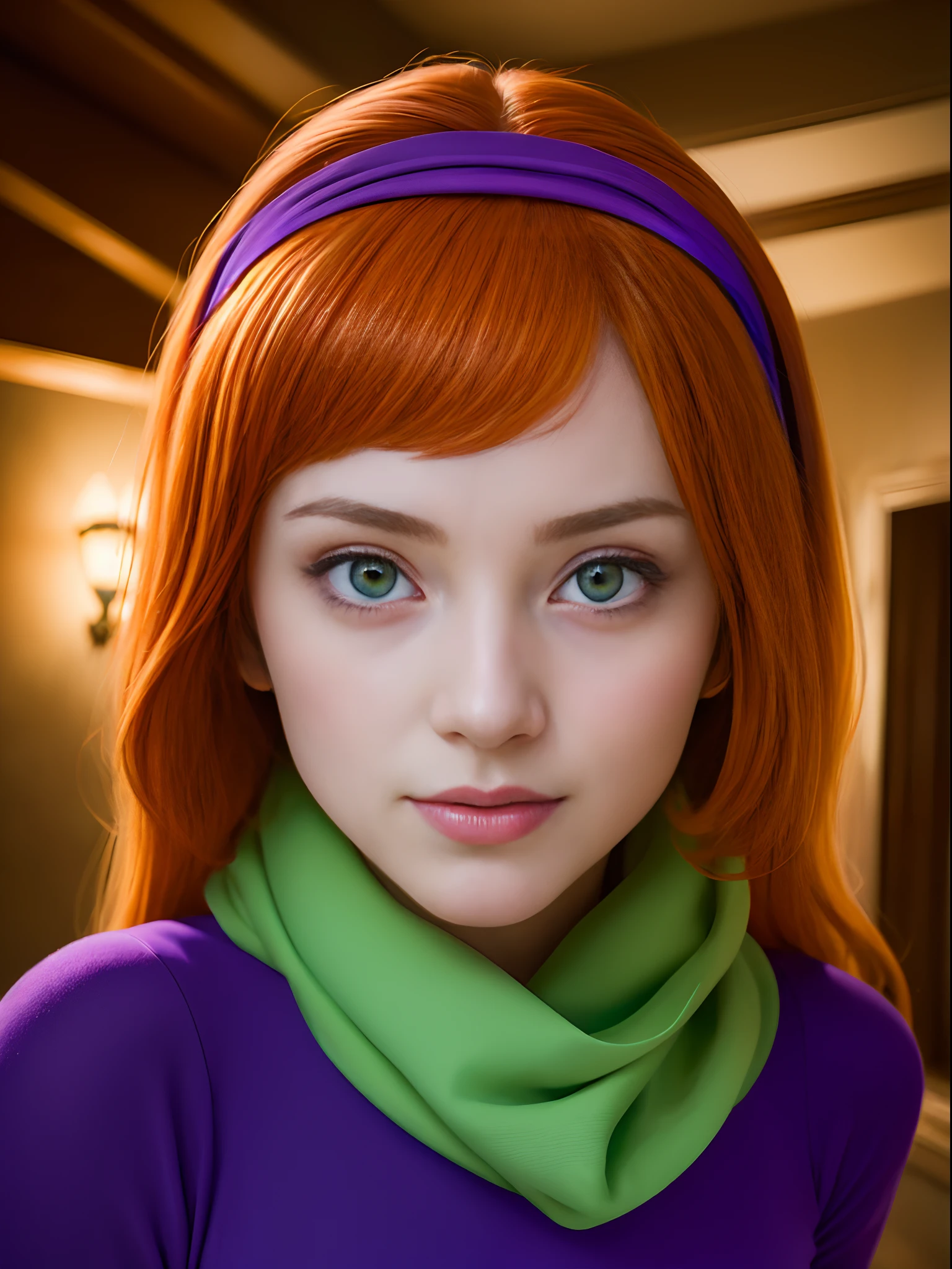 (masterpiece, best quality:1.4), (face focus:1.2), (dynamic pose:1.4), (on a horror house with ghosts), daphneblake, (green) scarf, orange hair, purple dress, hairband, long sleeves,  (european youth  woman:1), looking at viewer, beautifull smile, beautiful face, highly detailed face, highly detailed eyes, subsurface scattering, realistic pupils, full face blush, full lips, detailed background, depth of field, volumetric lighting, sharp focus, absurdres, realistic proportions, (realistic, hyperrealistic:1.4), 16k hdr