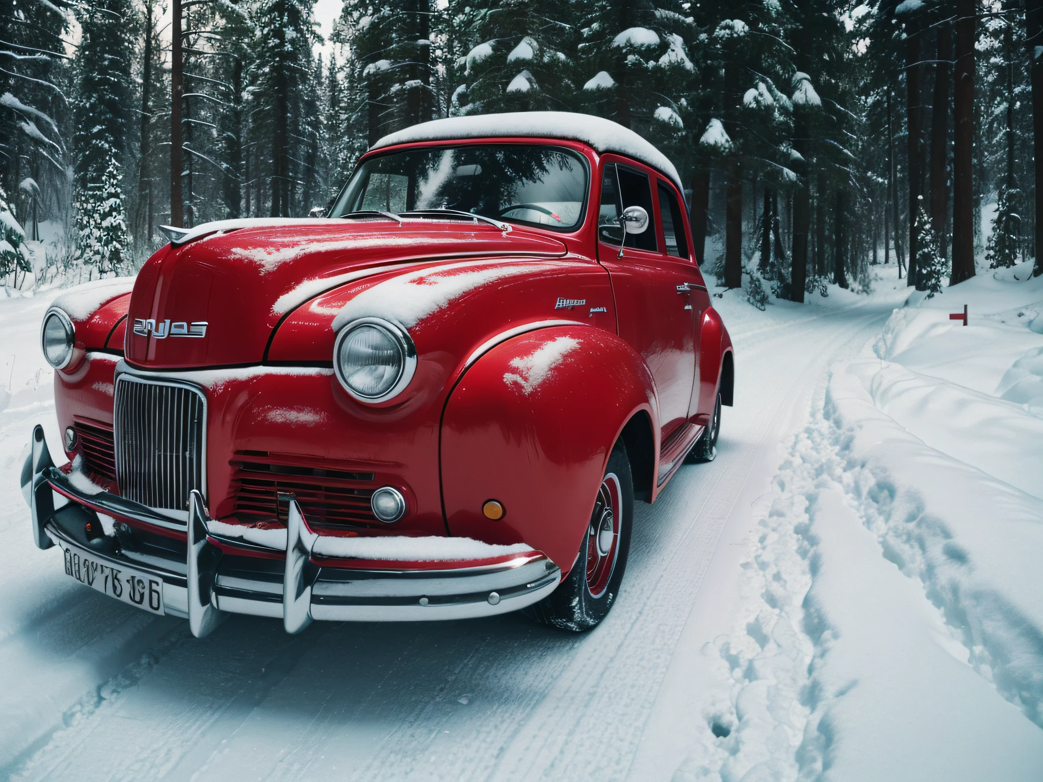 anta claus driving a red car with presents on the back, holiday season, ultra-detailed photography. In a snowy landscape12k, promo art, profile image, by Howard Lyon, 8 k, nostalgic 8k, avatar image, very high resolution, nikon d850, film stock photograph , 4 kodak portra 400, camera f1.6 lens ,rich colors, hyper realistic, lifelike texture, dramatic lighting, cinestill 800,