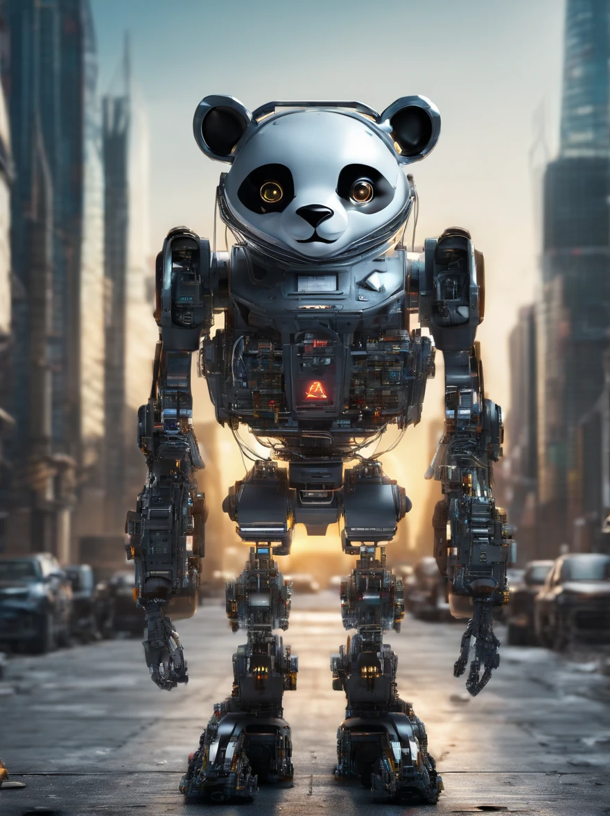 A panda robot,Wearing sunglasses, with headphones on, Standing position, Abstract beauty, Dynamic, Highly detailed digital painting, concept-art, 8K, high definition resolution