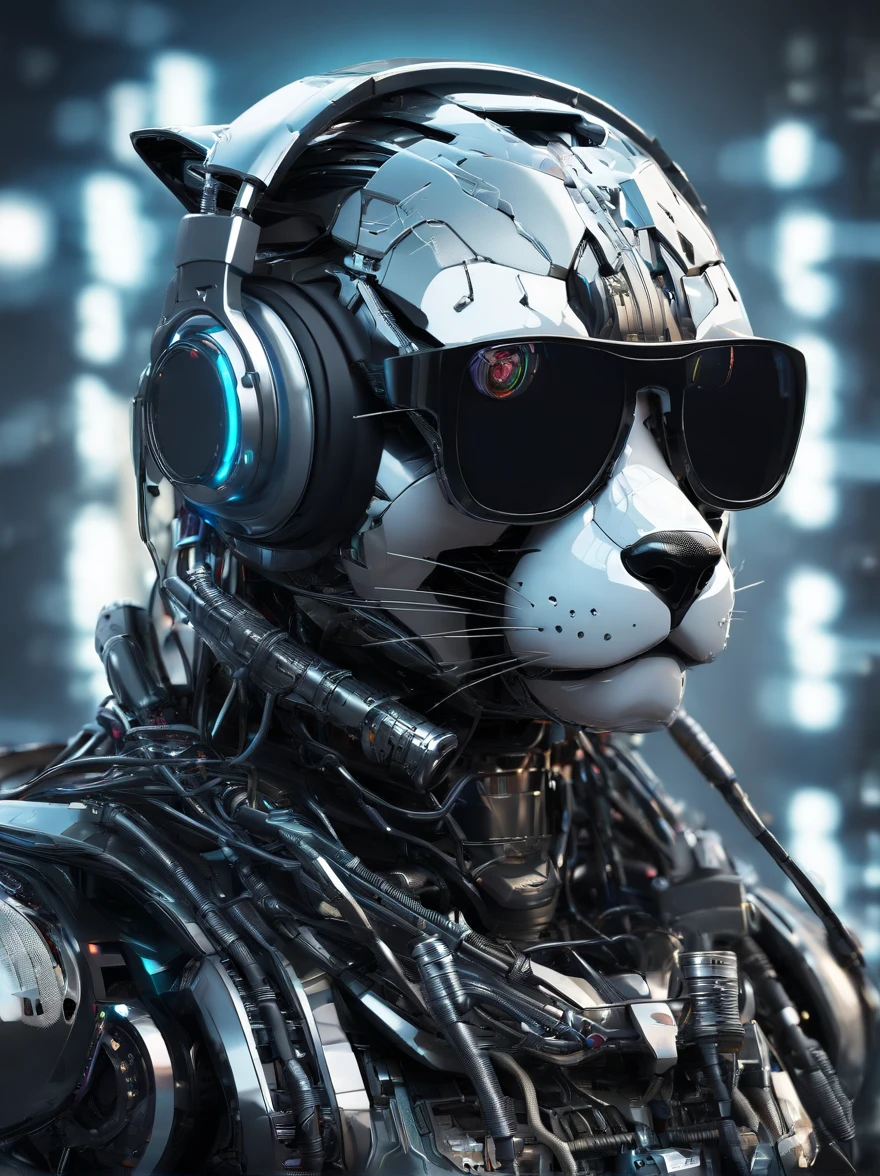 A panda robot,Wearing sunglasses, with headphones on, Standing position, Abstract beauty, Dynamic, Highly detailed digital painting, concept-art, 8K, high definition resolution