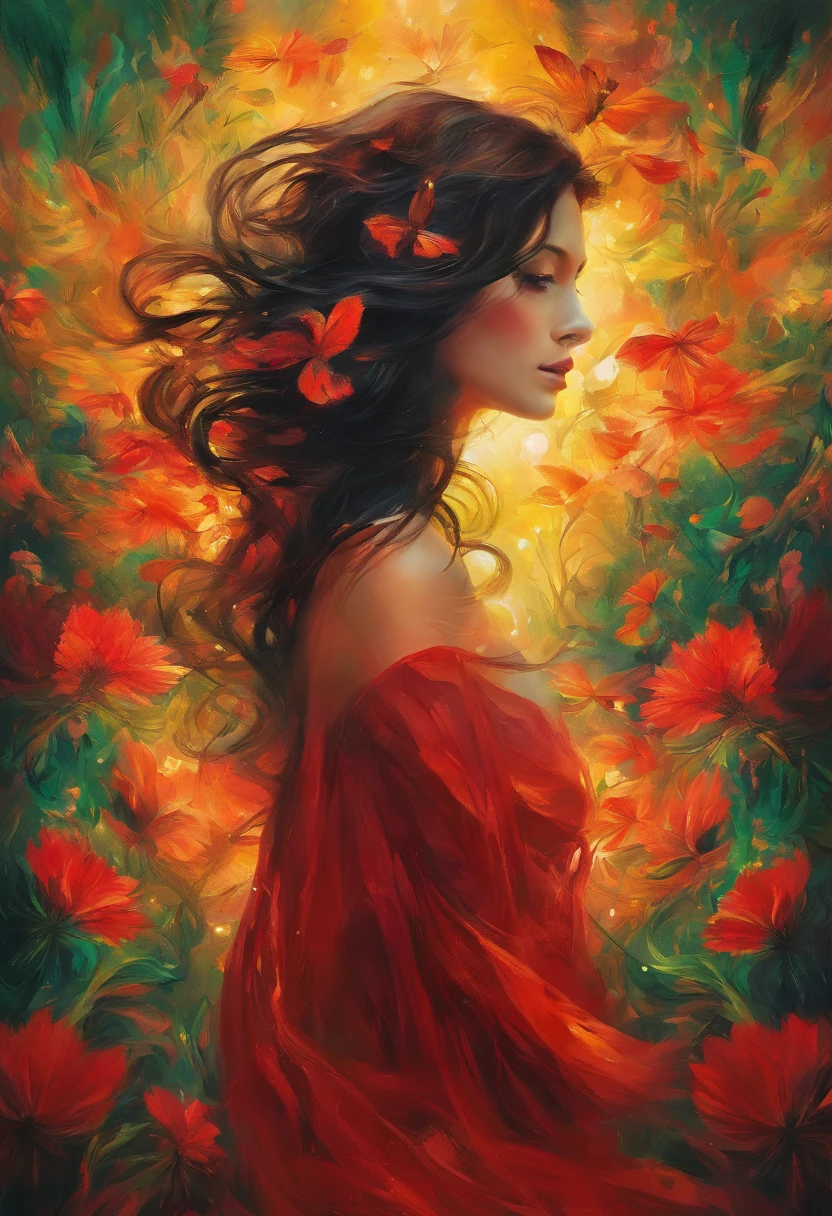 Crie uma pintura impressionista com uma mulher de natureza transformando-se em cinzas cosmicas, (olhando para a frente) , Sober, (fundo preto), UHD 8k, Very high quality for excellent printing. Lighting that highlights the figure in relation to the background, cores verde, amarelo e vermelho, artistic, intrincado