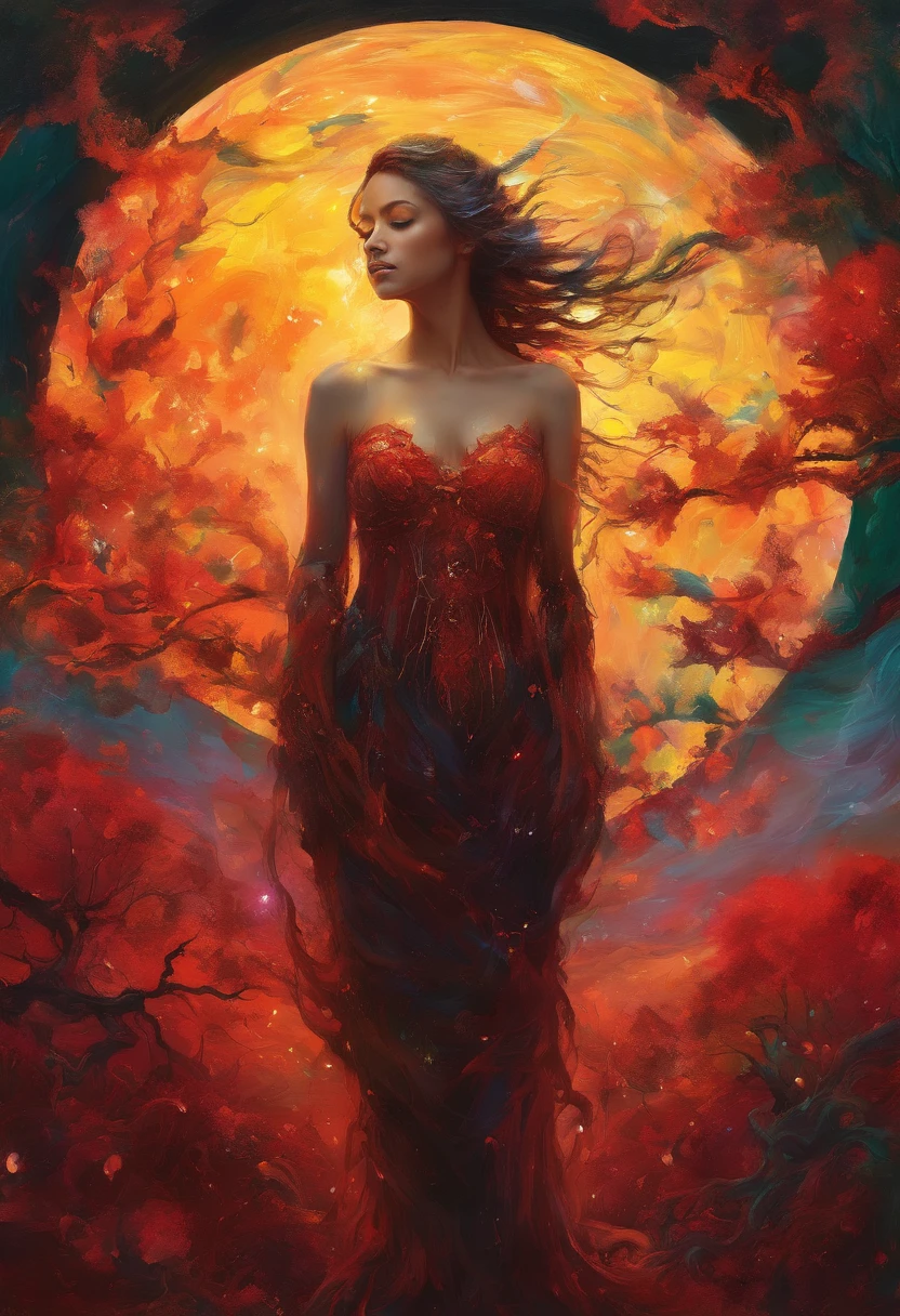 Crie uma pintura impressionista com uma mulher de natureza transformando-se em cinzas cosmicas, (olhando para a frente) , Sober, (fundo preto), UHD 8k, Very high quality for excellent printing. Lighting that highlights the figure in relation to the background, cores verde, amarelo e vermelho, artistic, intrincado